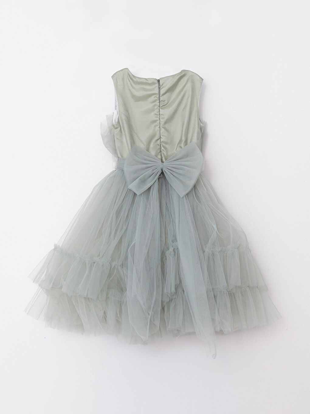 Yeşil Bisiklet Yaka Tül Detaylı Kız Çocuk Elbise-1