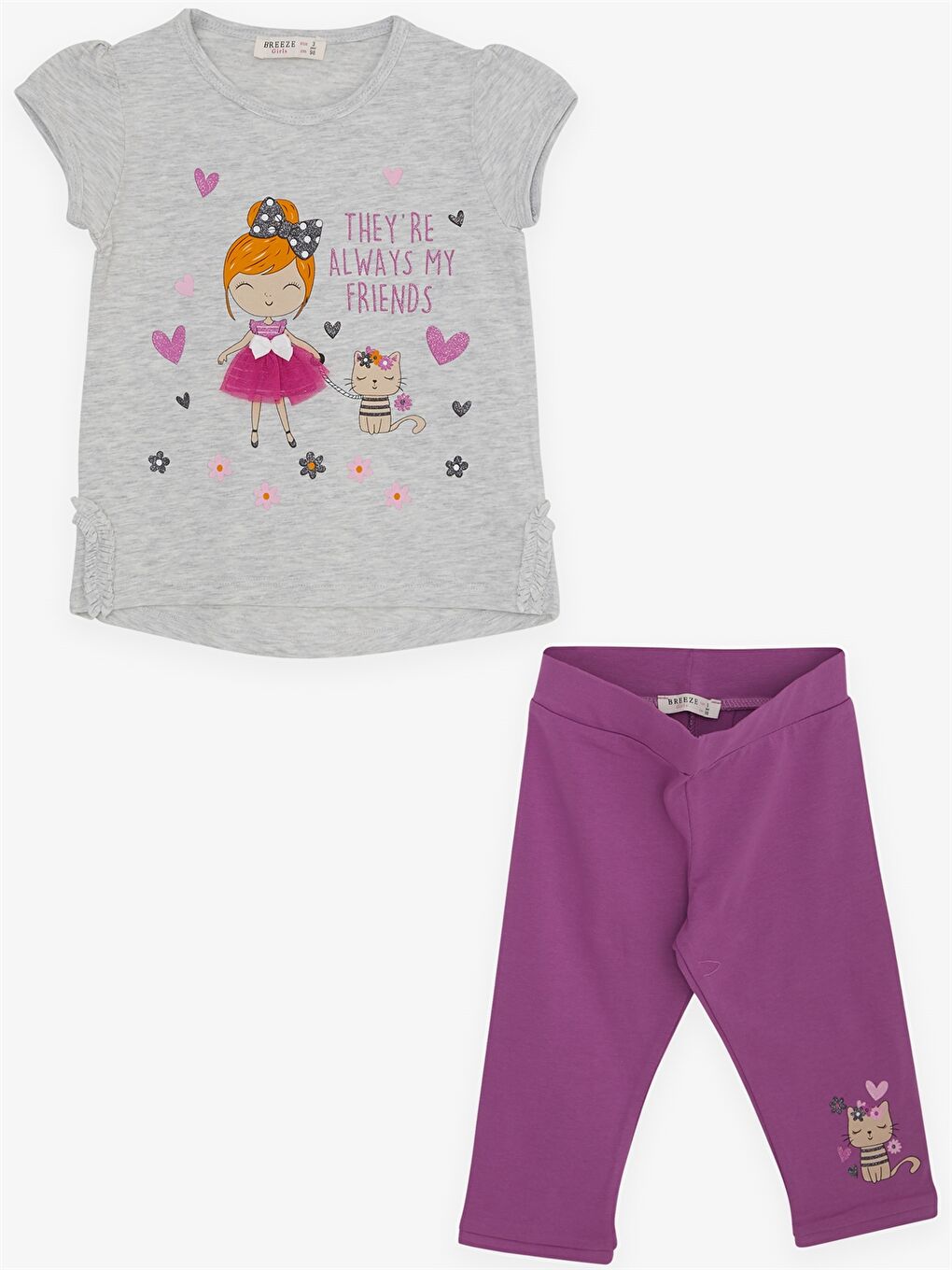 Gri Bisiklet Yaka Kız Bebek Tişört ve Tayt 2'li