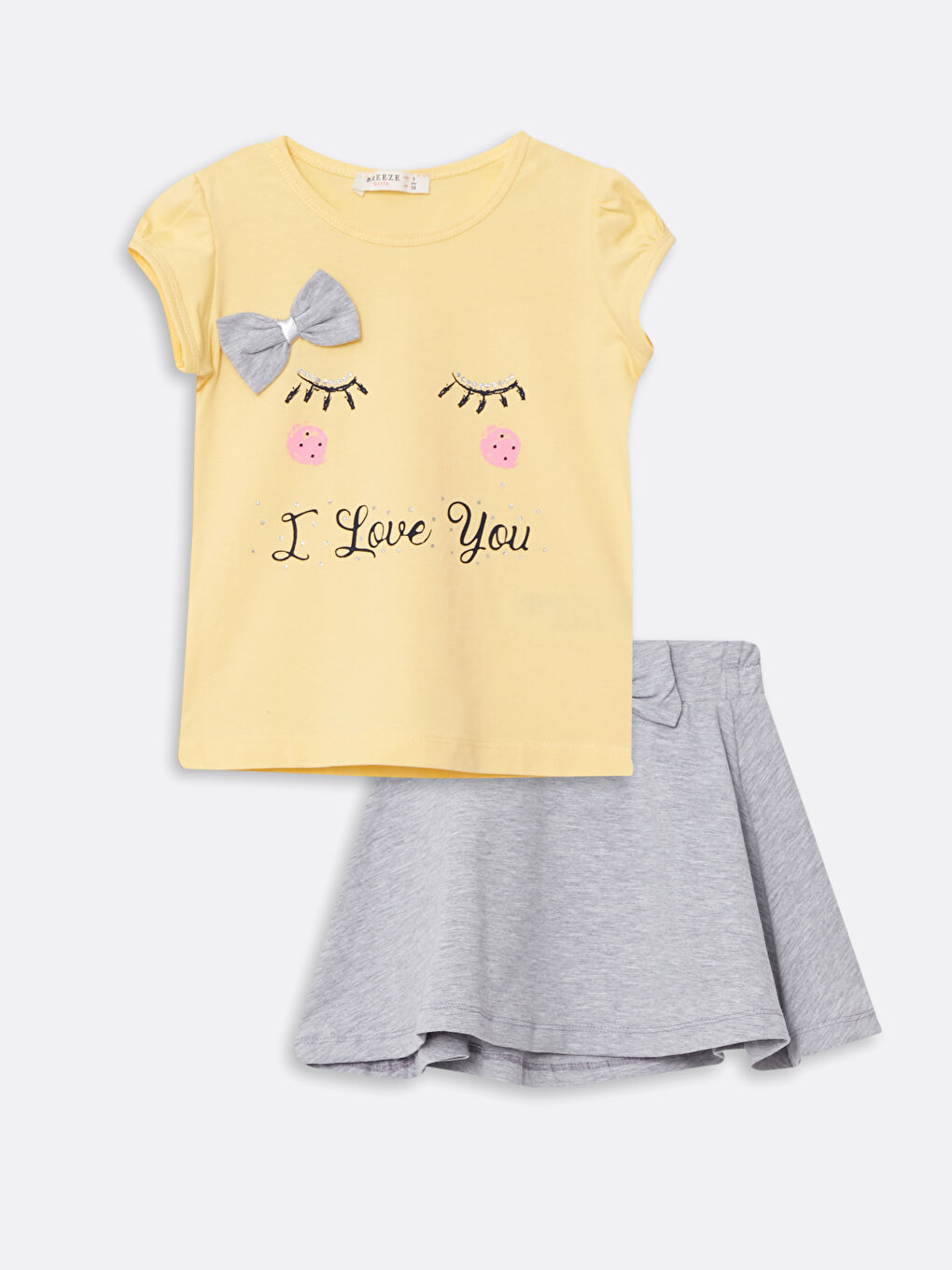 Sarı Bisiklet Yaka Baskılı Kısa Kollu Kız Çocuk Tişört ve Etek