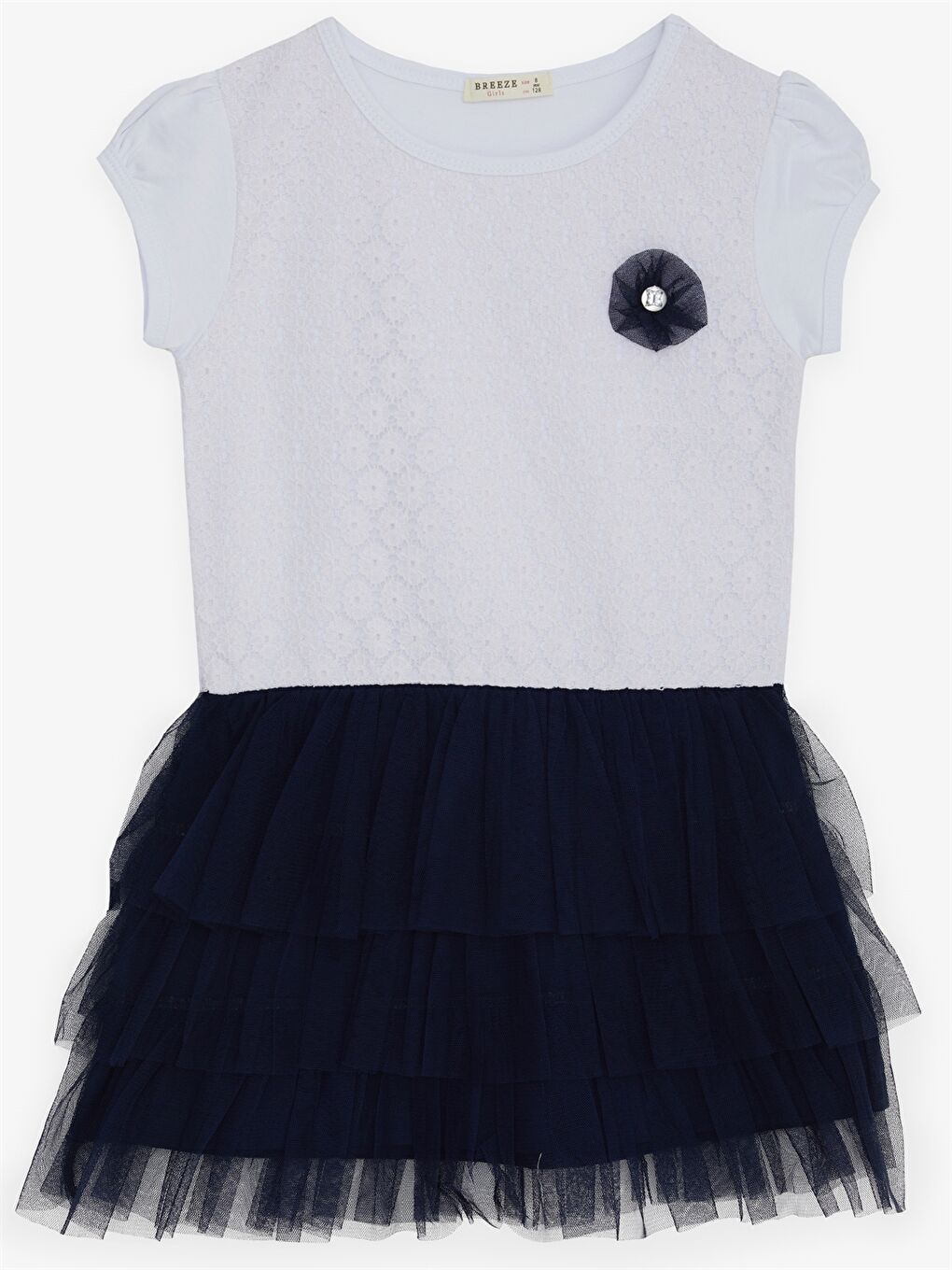 Beyaz Bisiklet Yaka Kısa Kollu Kız Çocuk Elbise