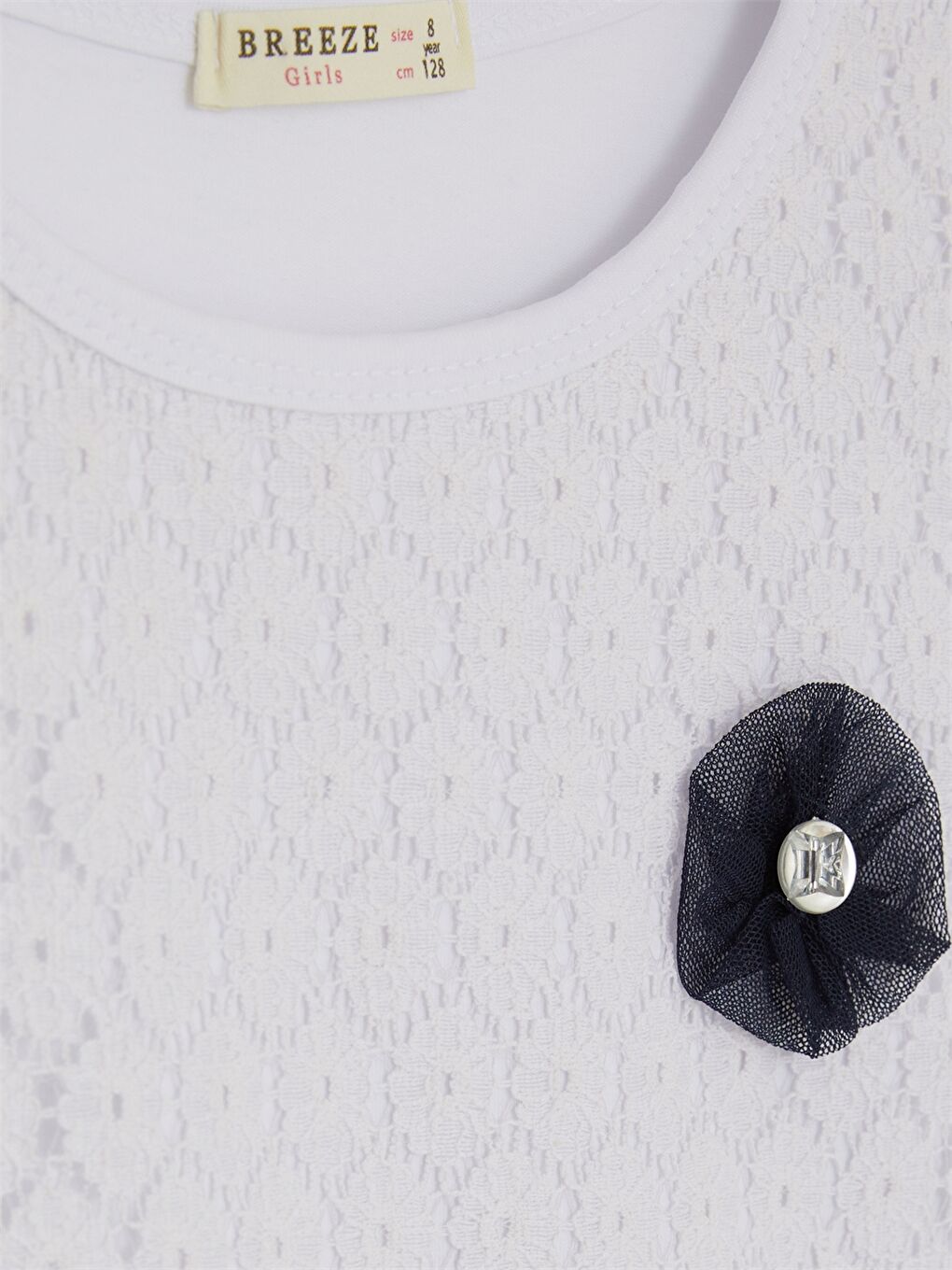 Beyaz Bisiklet Yaka Kısa Kollu Kız Çocuk Elbise-2