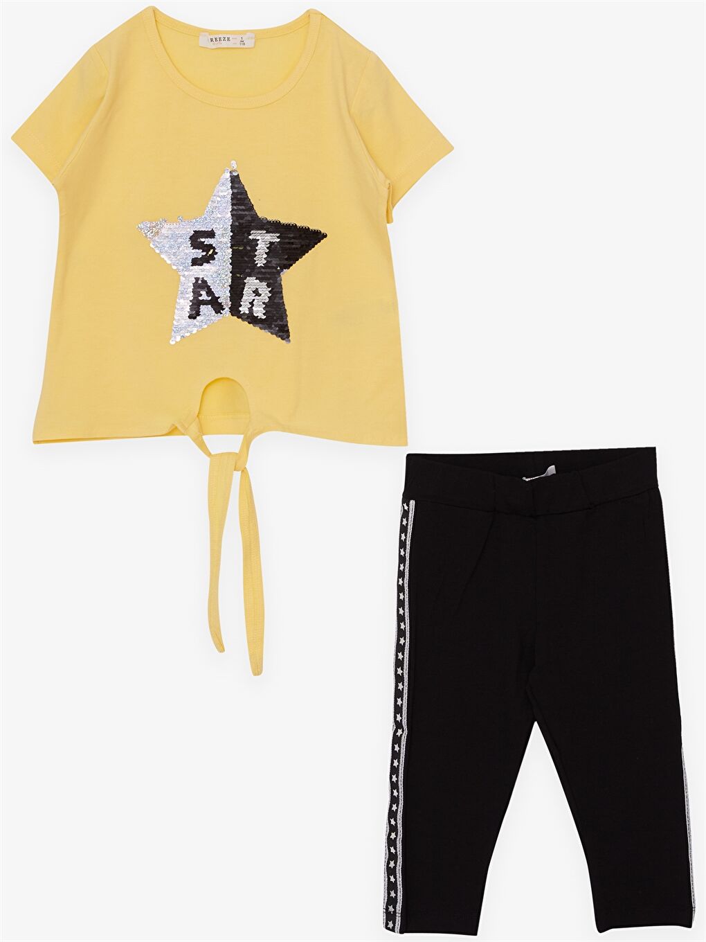 Sarı Bisiklet Yaka Pul İşlemeli Kısa Kollu Kız Çocuk Tişört ve Tayt