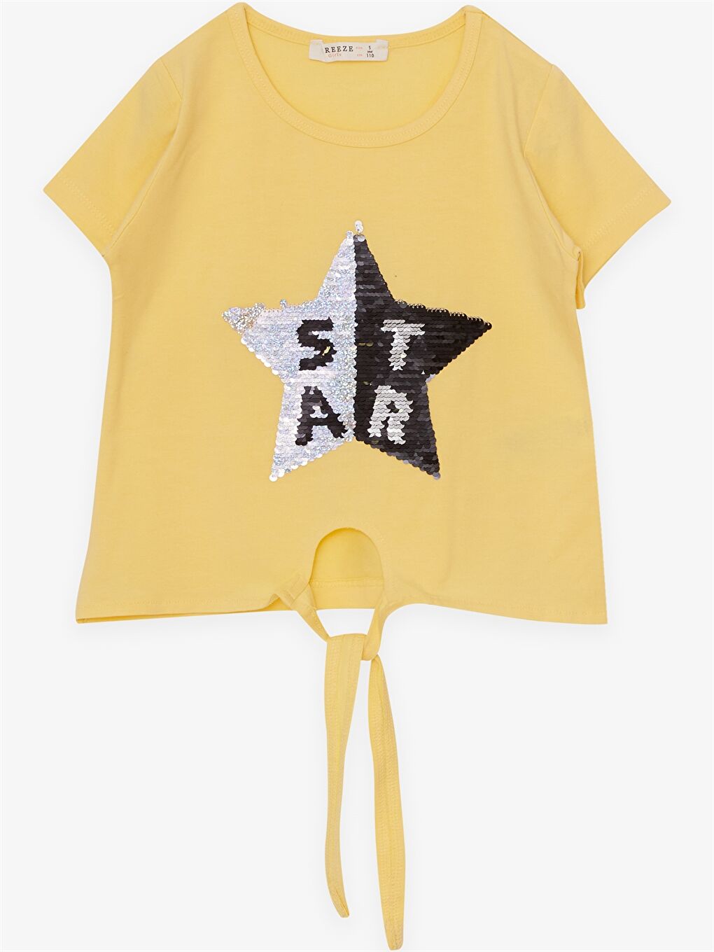 Sarı Bisiklet Yaka Pul İşlemeli Kısa Kollu Kız Çocuk Tişört ve Tayt-2