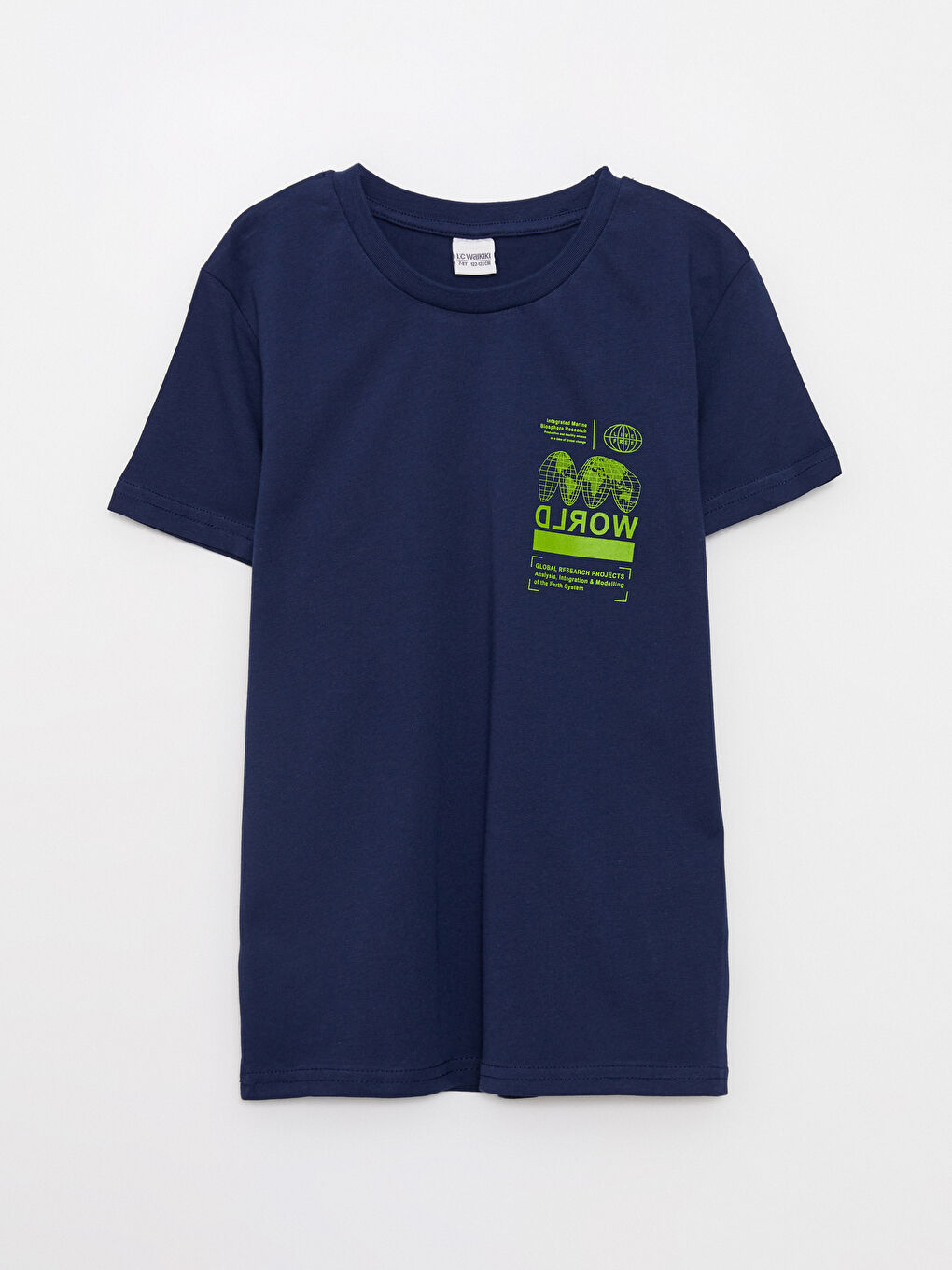 Lacivert Bisiklet Yaka Baskılı Kısa Kollu Pamuklu Erkek Çocuk Tişört
