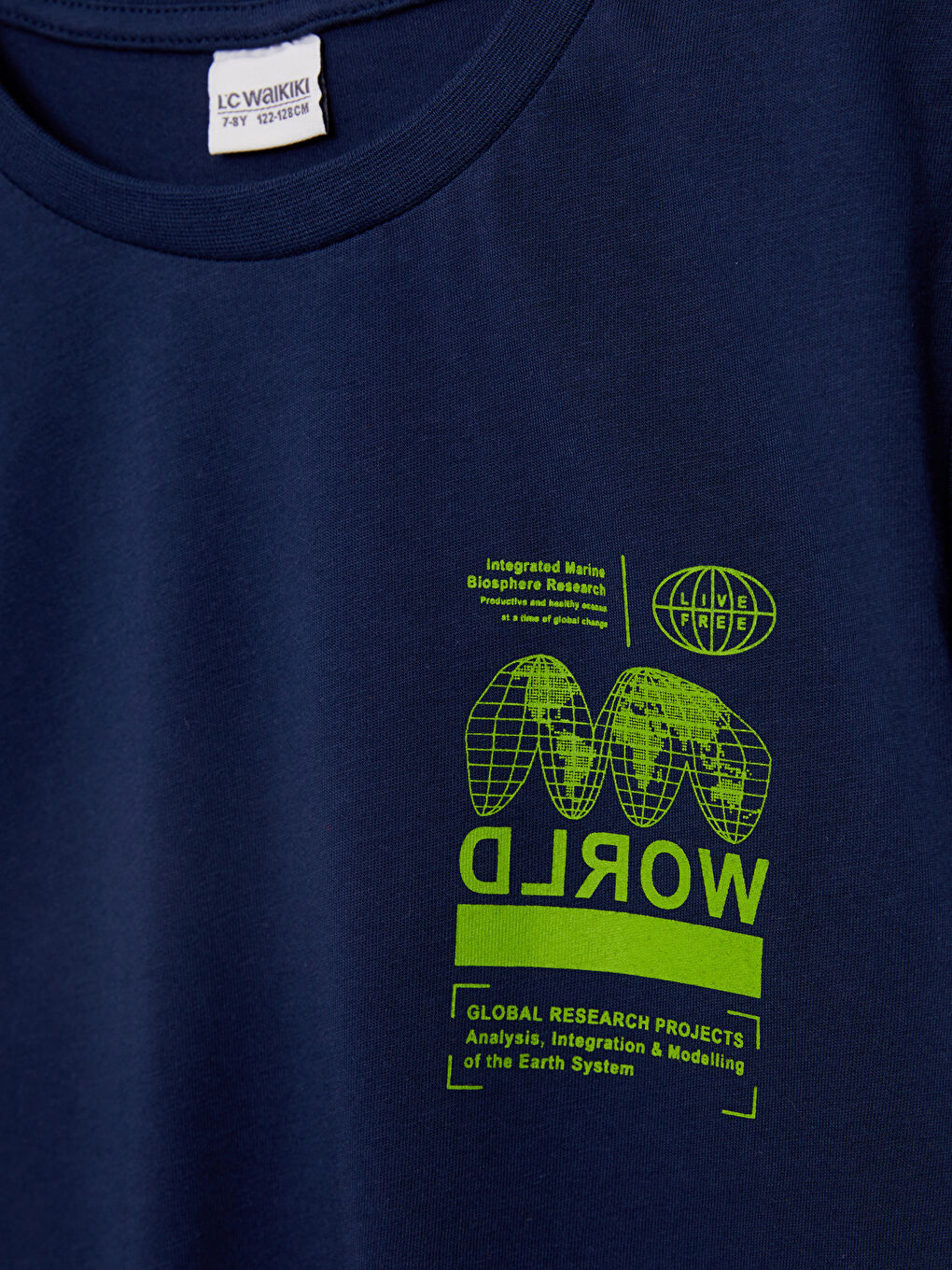 Lacivert Bisiklet Yaka Baskılı Kısa Kollu Pamuklu Erkek Çocuk Tişört-1