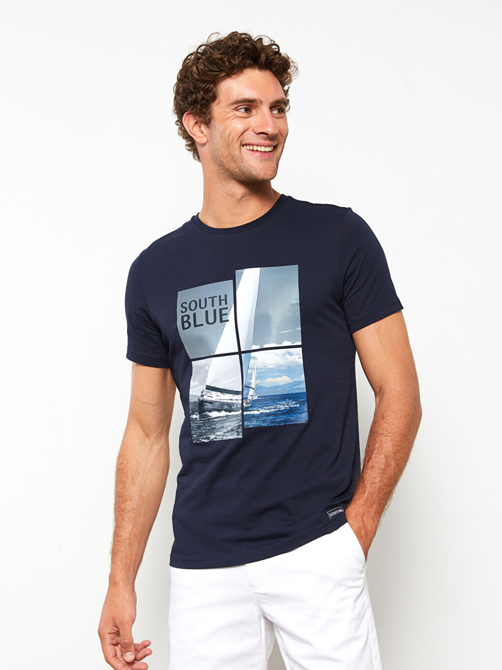 Lacivert Bisiklet Yaka Kısa Kollu Baskılı Penye Erkek Tişört