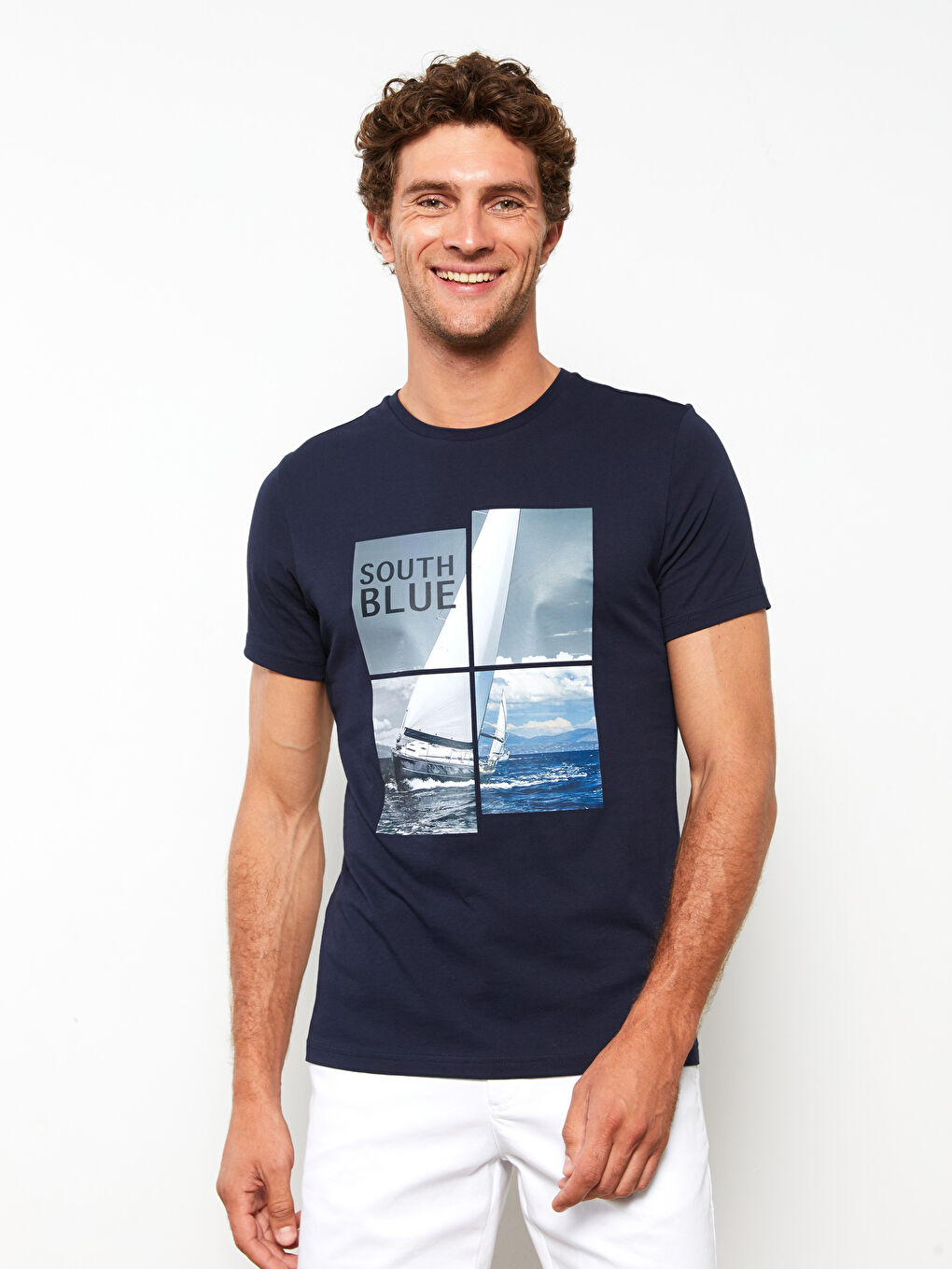 Lacivert Bisiklet Yaka Kısa Kollu Baskılı Penye Erkek Tişört-1