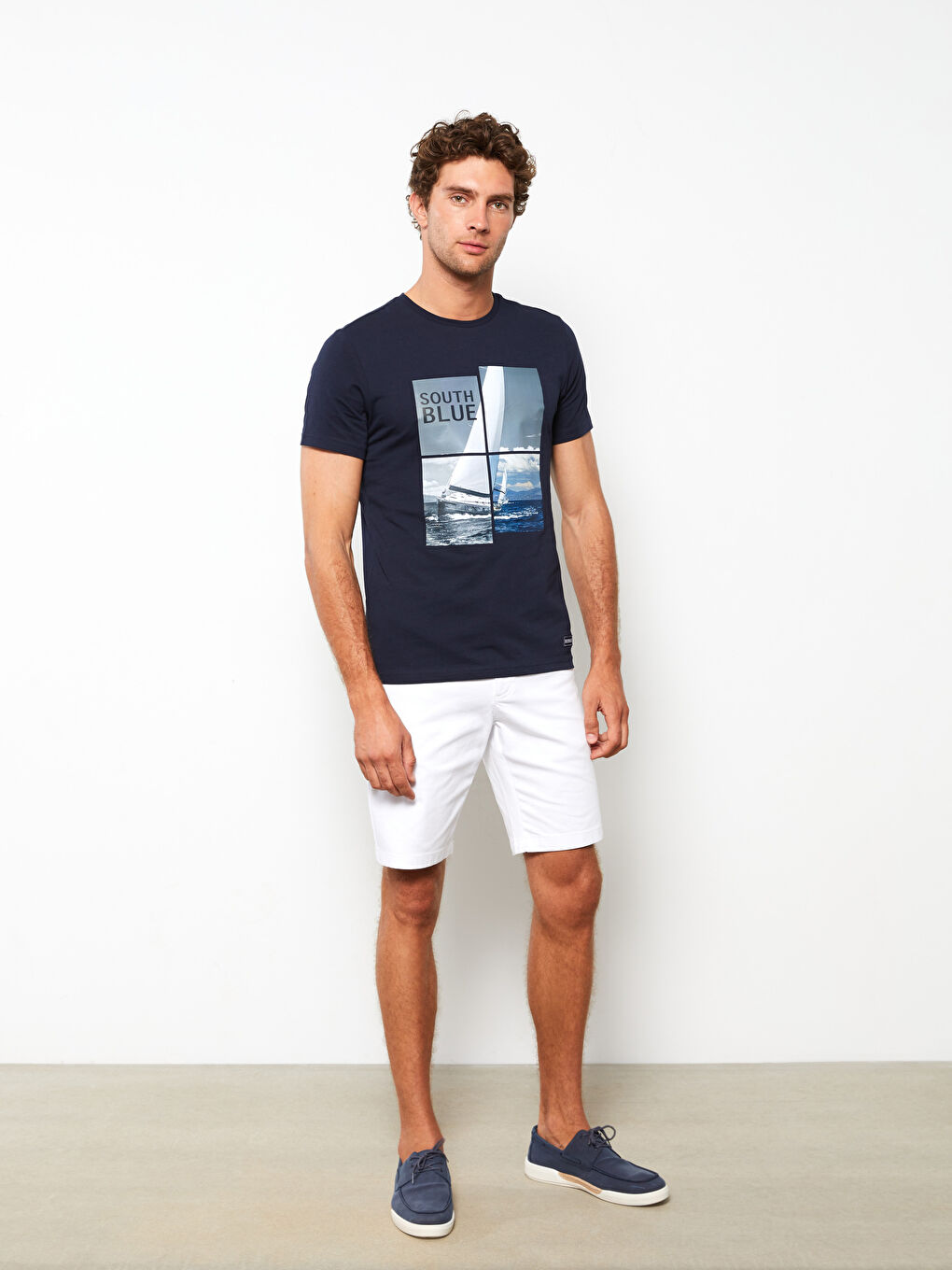 Lacivert Bisiklet Yaka Kısa Kollu Baskılı Penye Erkek Tişört-2