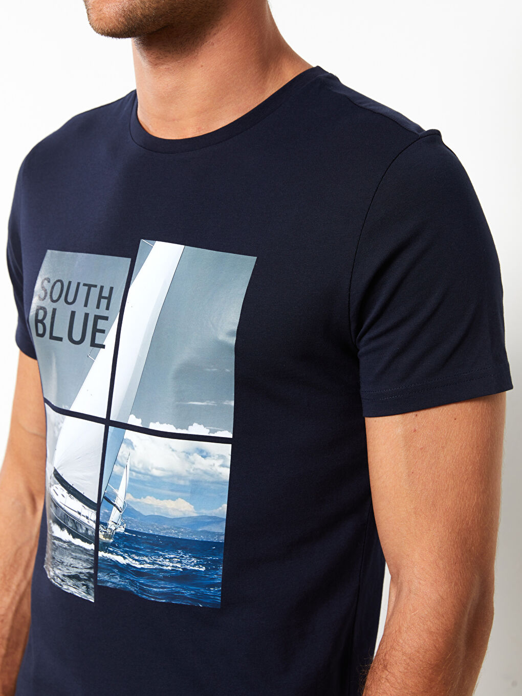 Lacivert Bisiklet Yaka Kısa Kollu Baskılı Penye Erkek Tişört-3