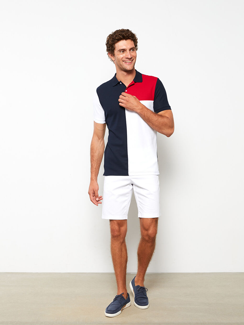 Lacivert Polo Yaka Kısa Kollu Renk Bloklu Erkek Tişört-2