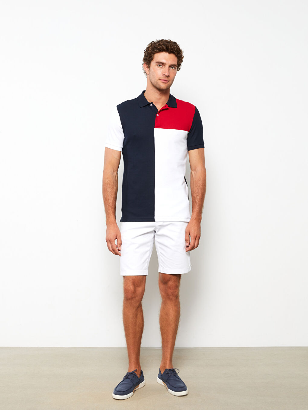Lacivert Polo Yaka Kısa Kollu Renk Bloklu Erkek Tişört-3