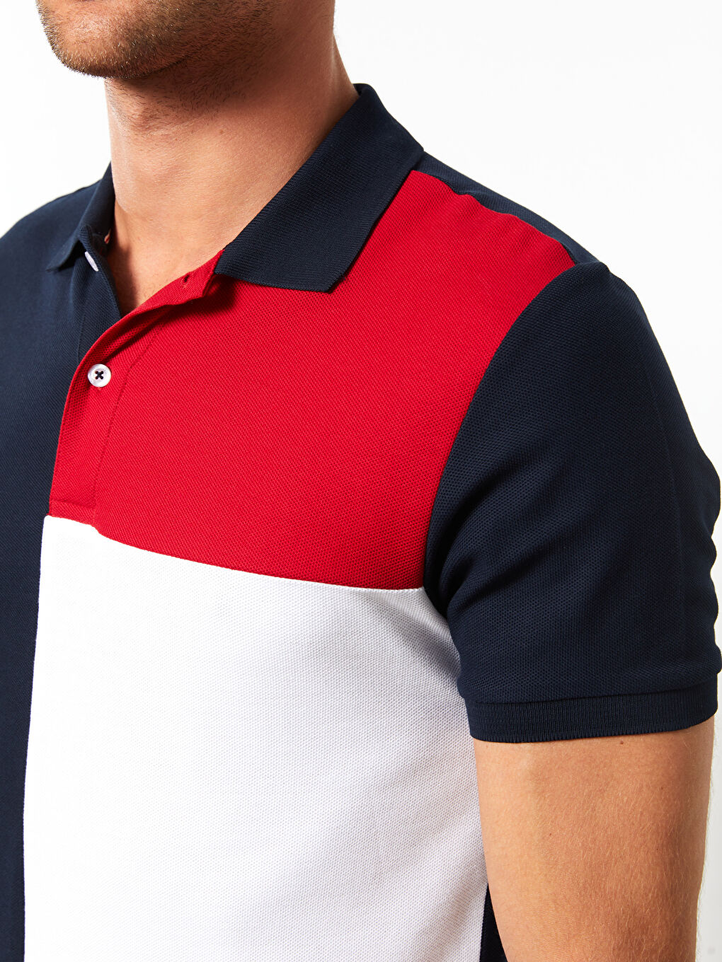 Lacivert Polo Yaka Kısa Kollu Renk Bloklu Erkek Tişört-4
