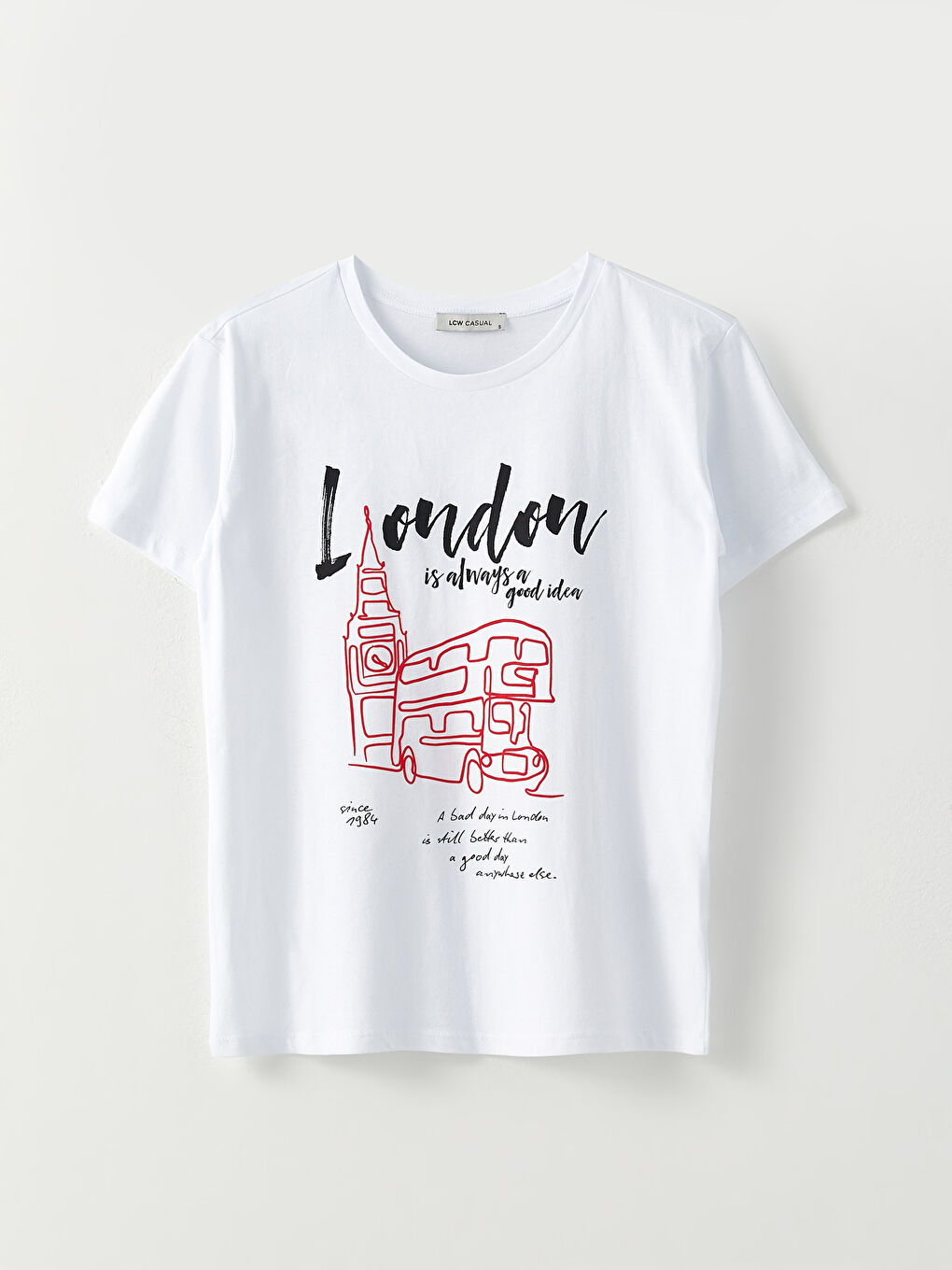 Beyaz Bisiklet Yaka Baskılı Kısa Kollu Pamuklu Kadın Tişört-5