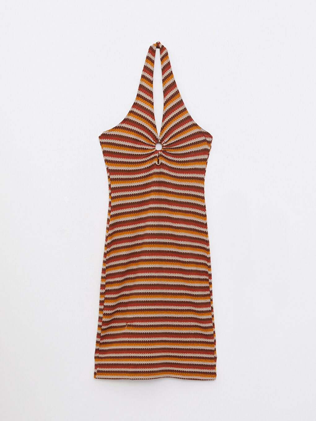 Kahverengi Kadın Halter Yaka Çizgili Kolsuz Elbise-5