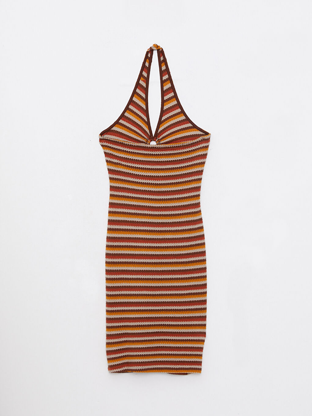 Kahverengi Kadın Halter Yaka Çizgili Kolsuz Elbise-6