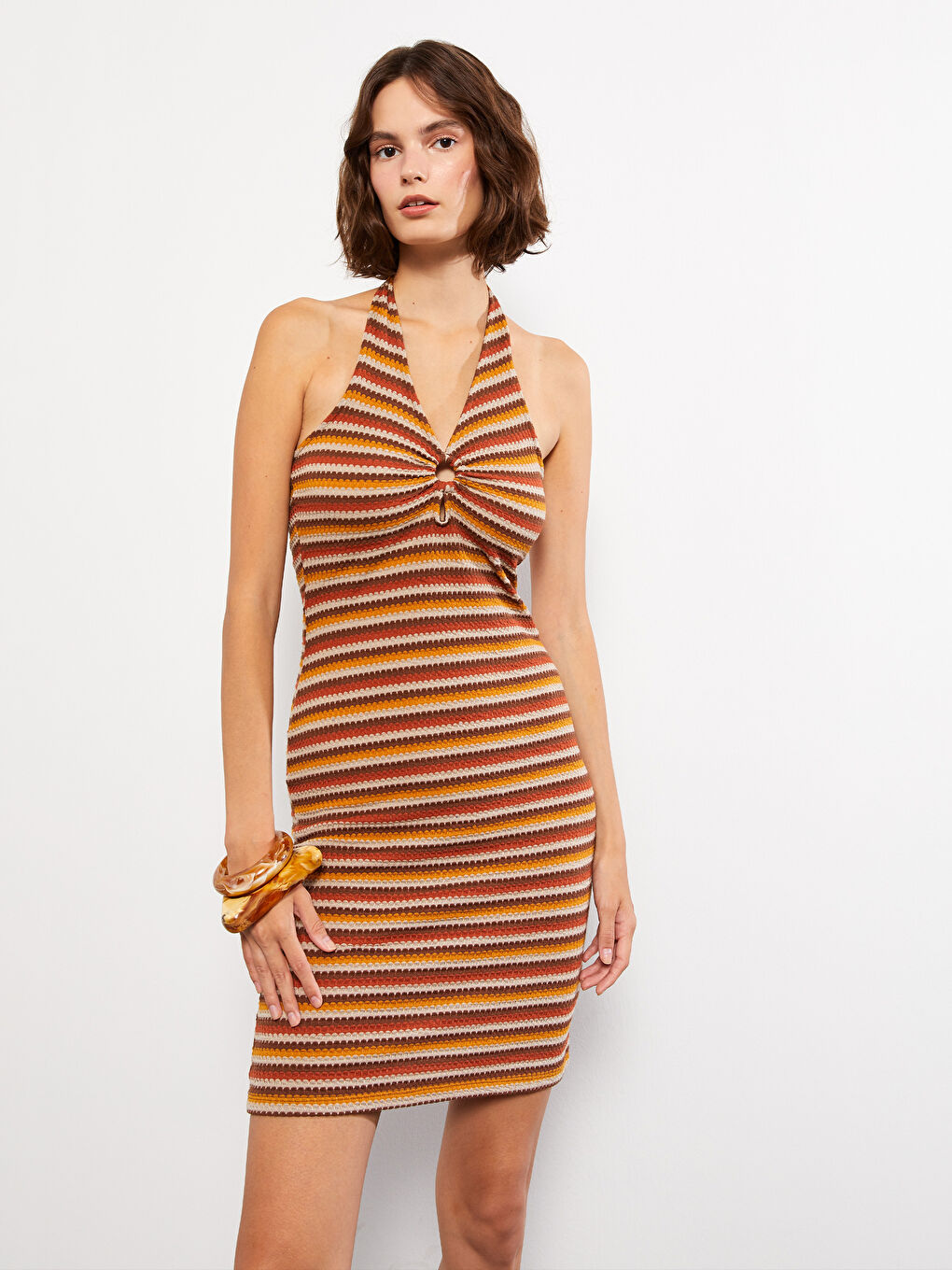 Kahverengi Kadın Halter Yaka Çizgili Kolsuz Elbise-1