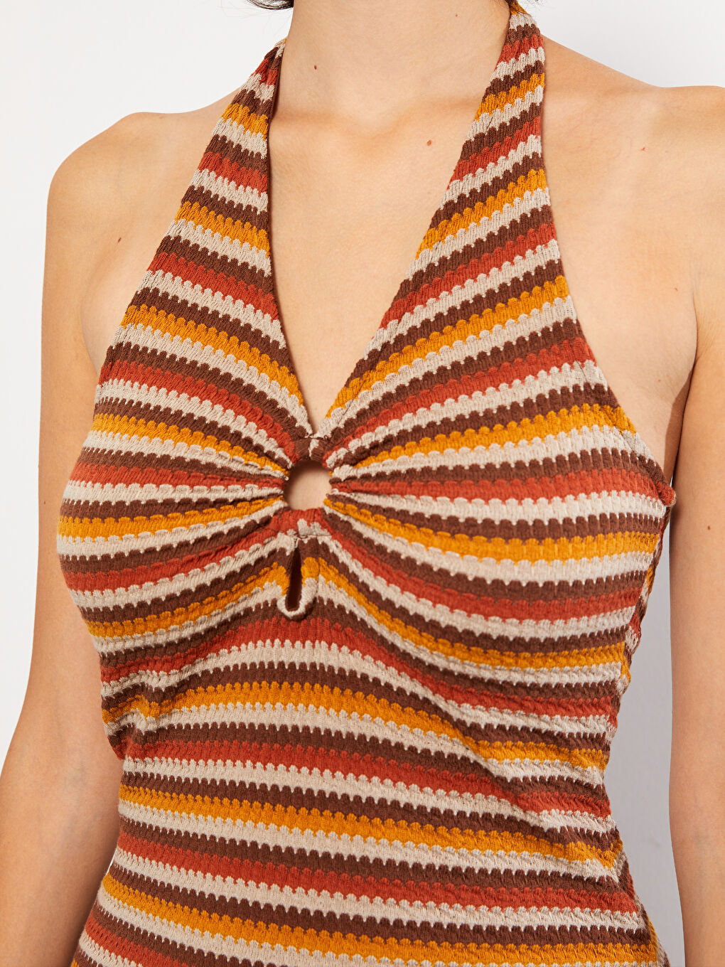 Kahverengi Kadın Halter Yaka Çizgili Kolsuz Elbise-3