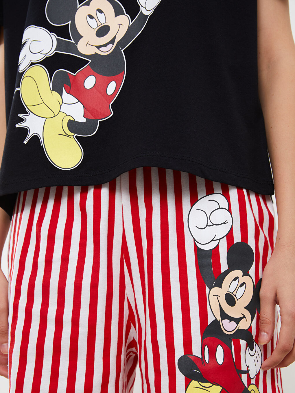 Beyaz Bisiklet Yaka Mickey Mouse Baskılı Kısa Kollu Kadın Pijama Takımı-2