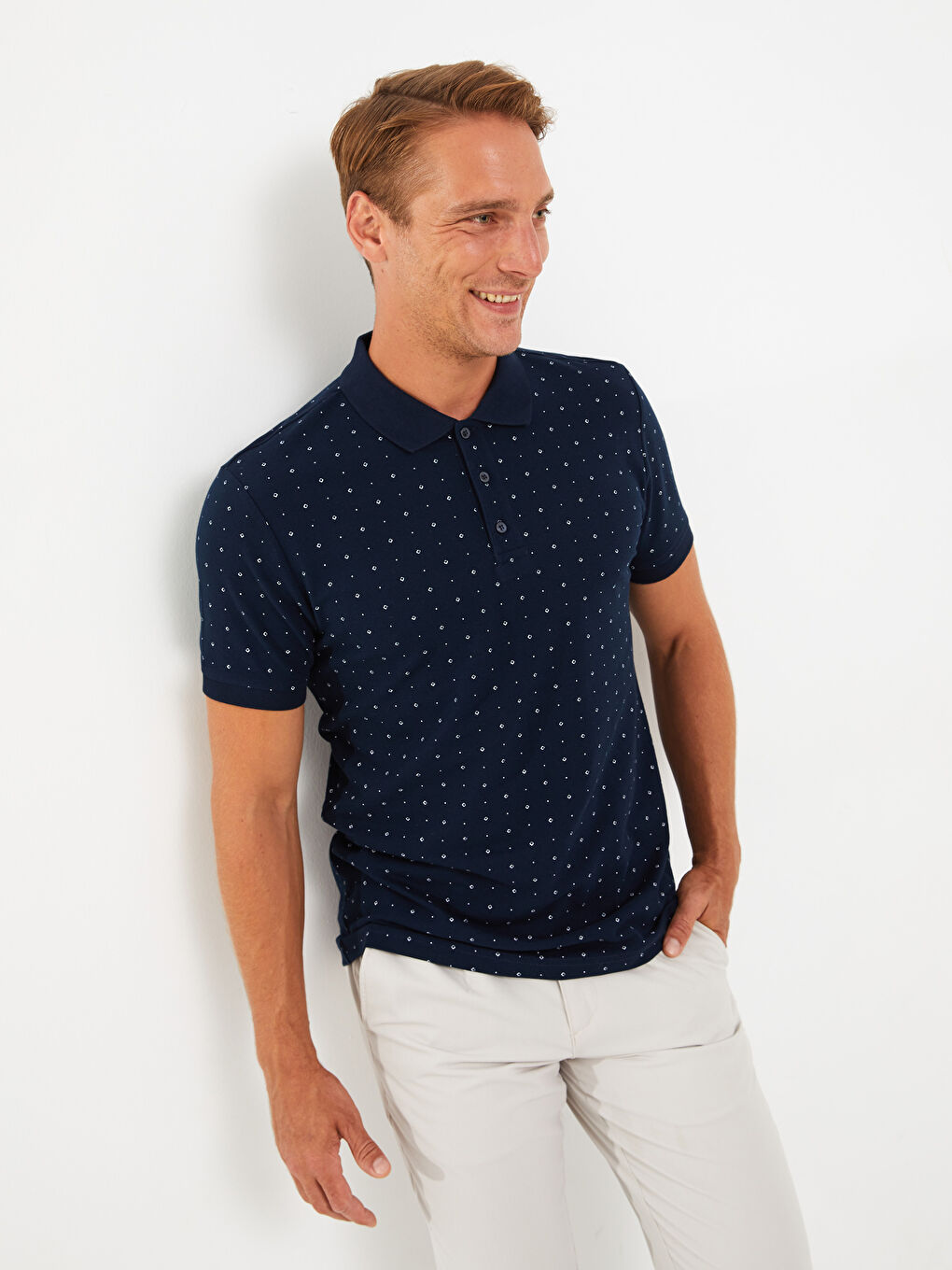 Lacivert Polo Yaka Kısa Kollu Desenli Pike Erkek Tişört