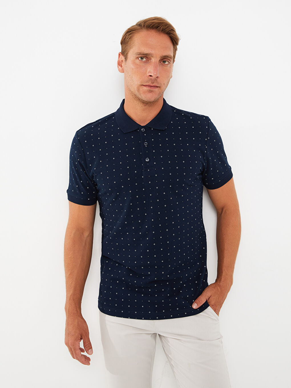 Lacivert Polo Yaka Kısa Kollu Desenli Pike Erkek Tişört-1