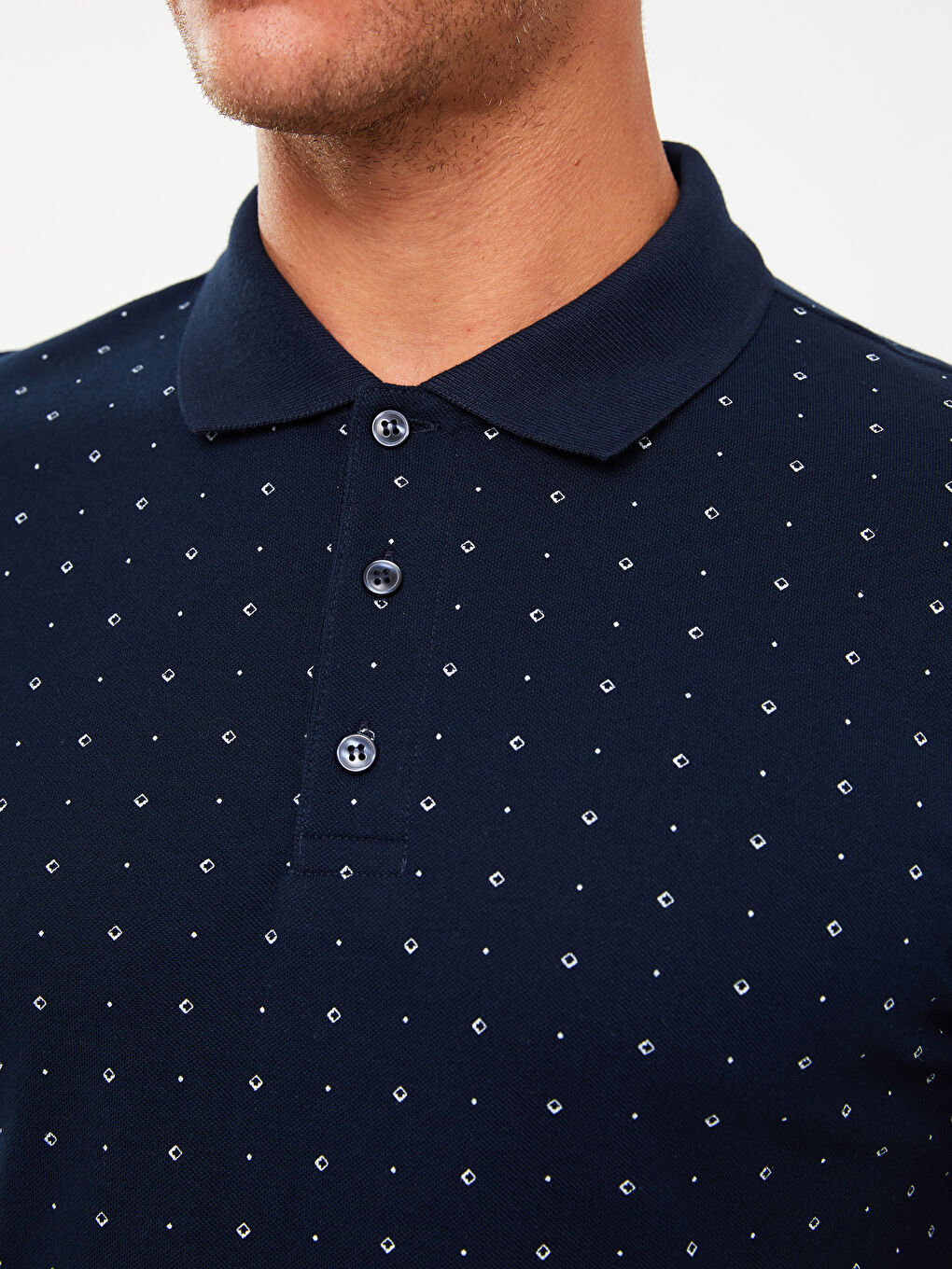 Lacivert Polo Yaka Kısa Kollu Desenli Pike Erkek Tişört-3