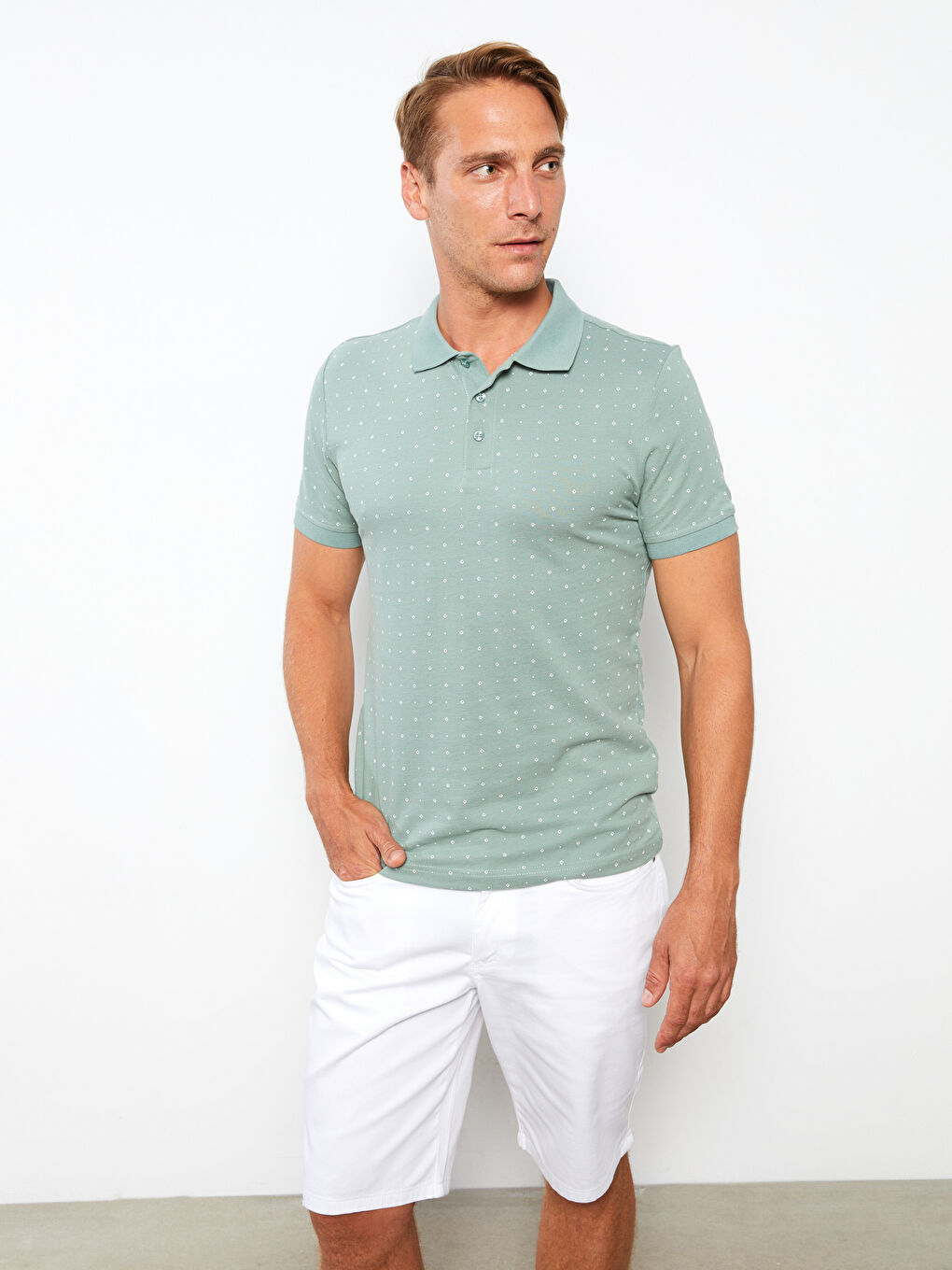 Yeşil Polo Yaka Kısa Kollu Desenli Pike Erkek Tişört