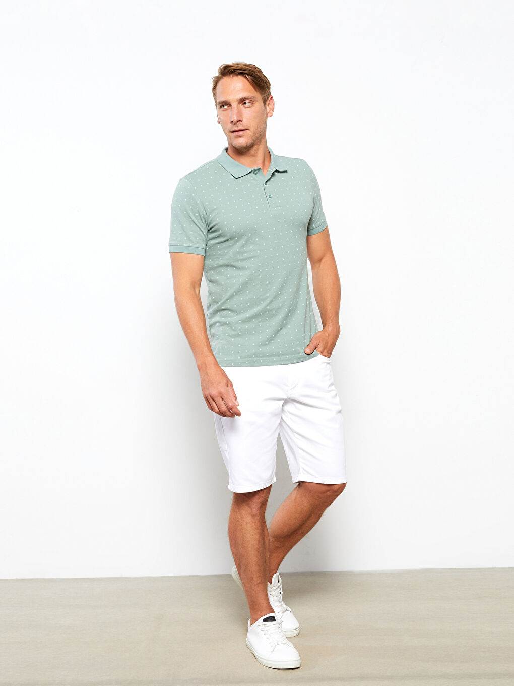 Yeşil Polo Yaka Kısa Kollu Desenli Pike Erkek Tişört-1