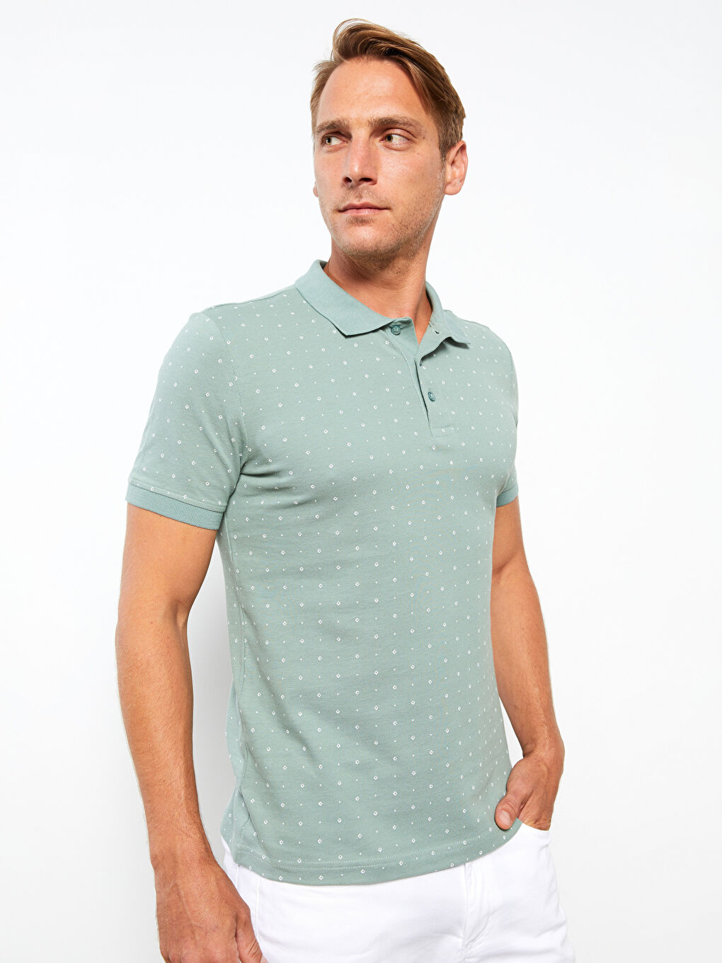 Yeşil Polo Yaka Kısa Kollu Desenli Pike Erkek Tişört-2