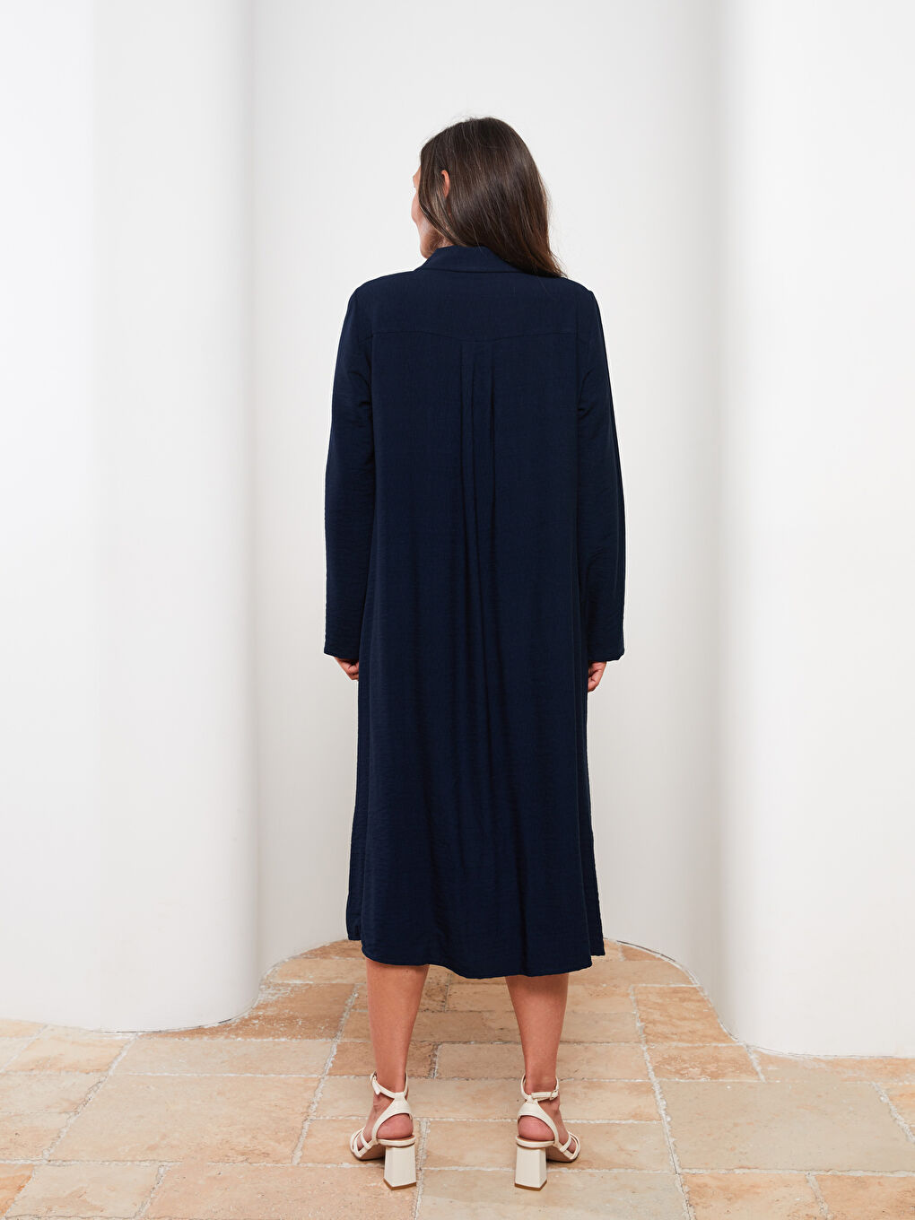 Lacivert Gömlek Yaka Düz Uzun Kollu A Kesim Kadın Ferace-4