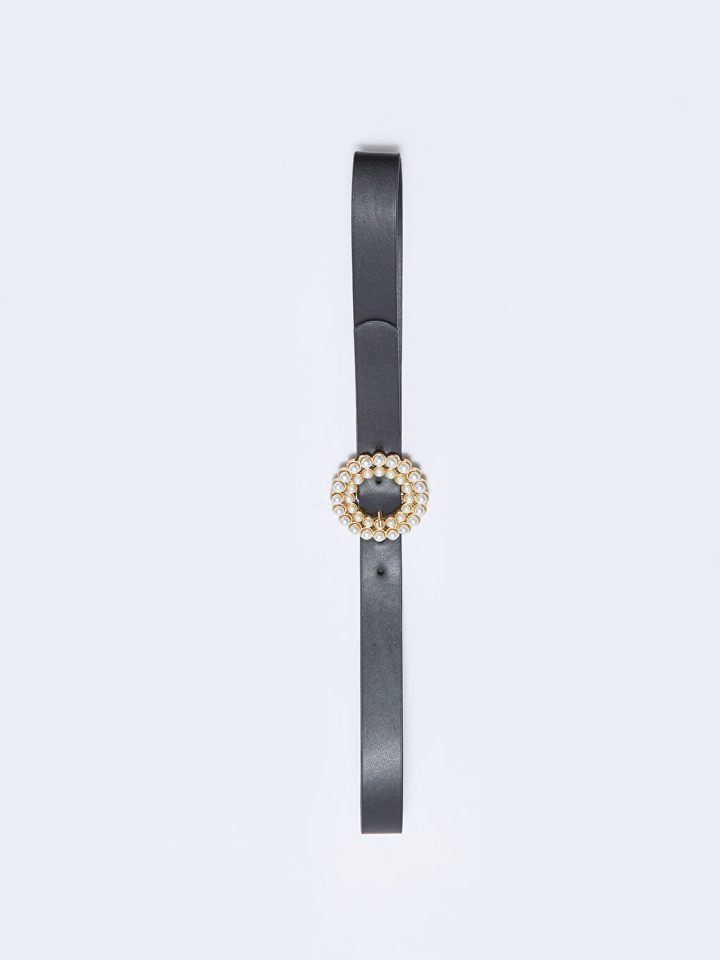 Siyah Deri Görünümlü İnci Tokalı Kadın Kemer-1