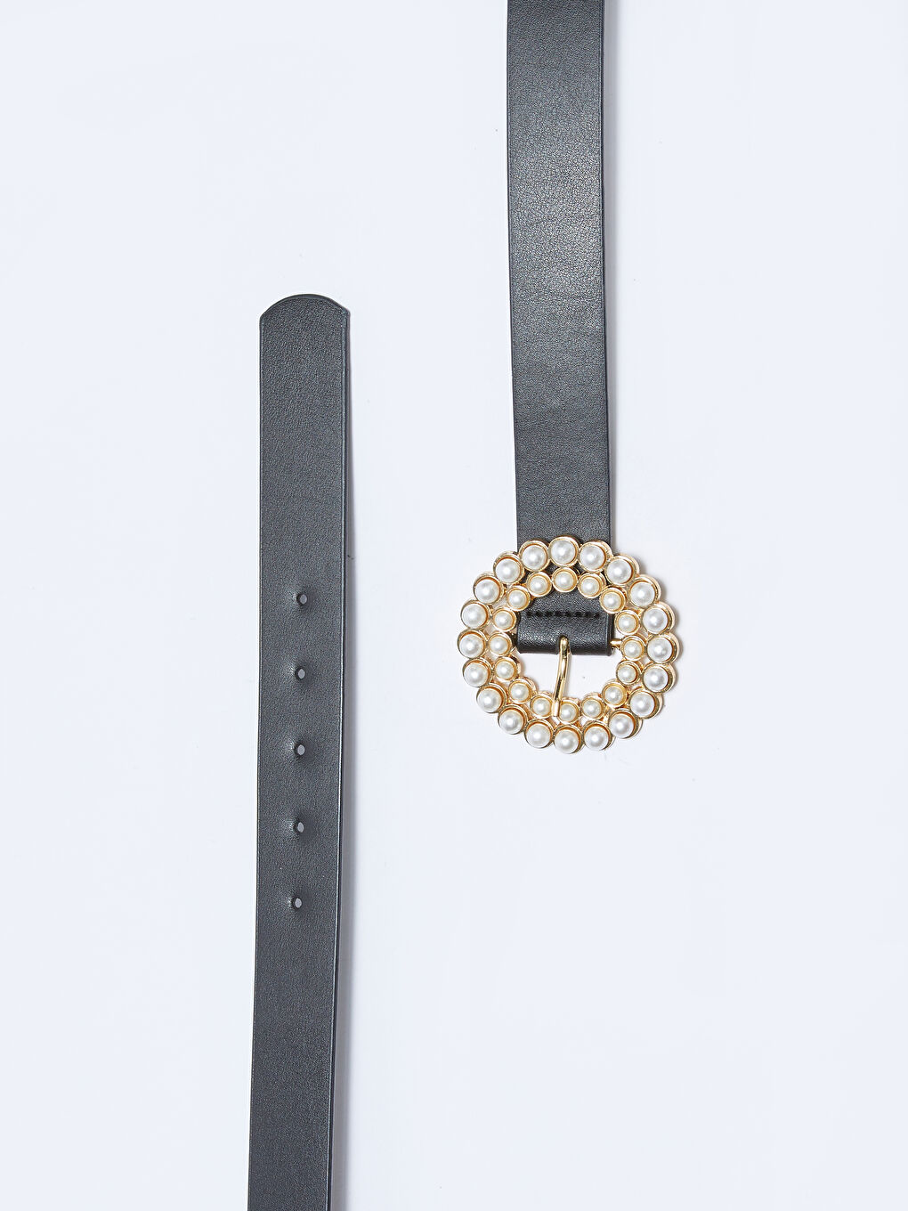 Siyah Deri Görünümlü İnci Tokalı Kadın Kemer-2