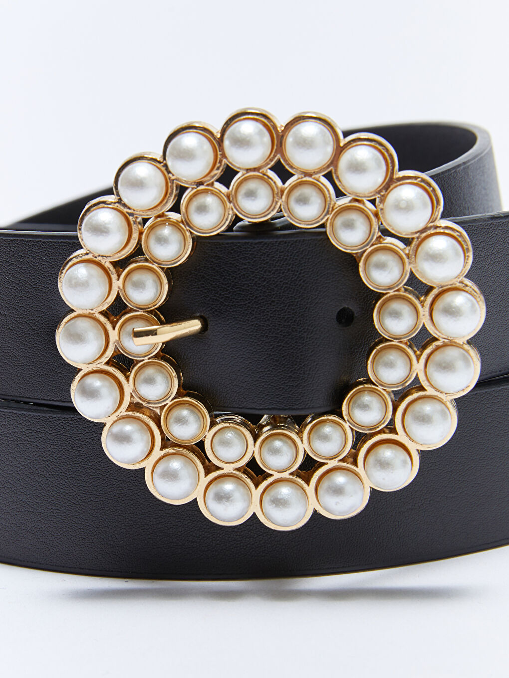 Siyah Deri Görünümlü İnci Tokalı Kadın Kemer-3