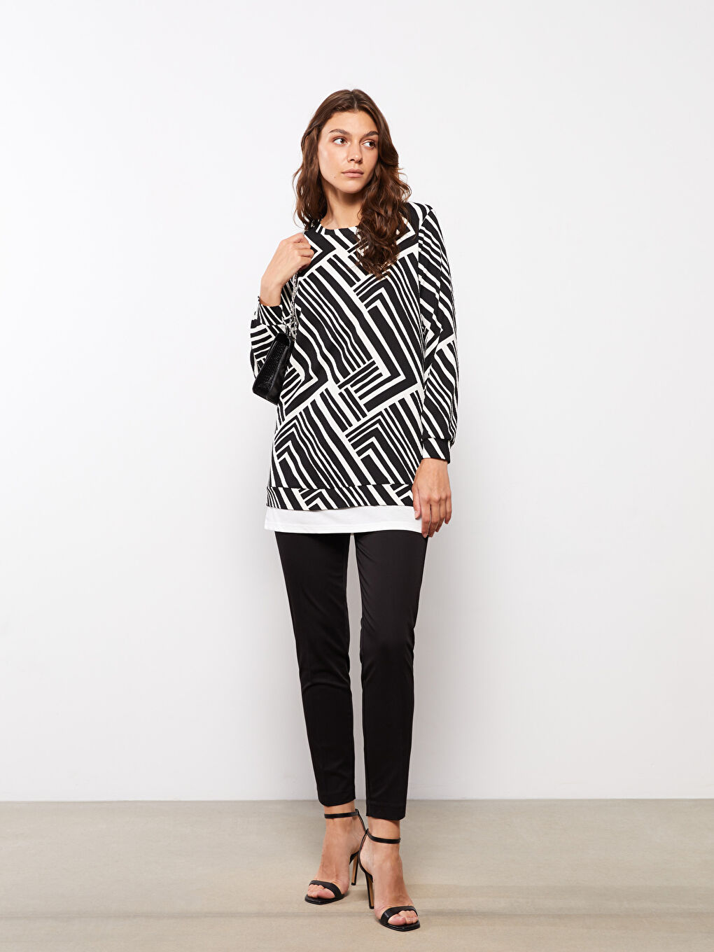 Crew Neck Patterned Long Sleeve Women's Tunic-1