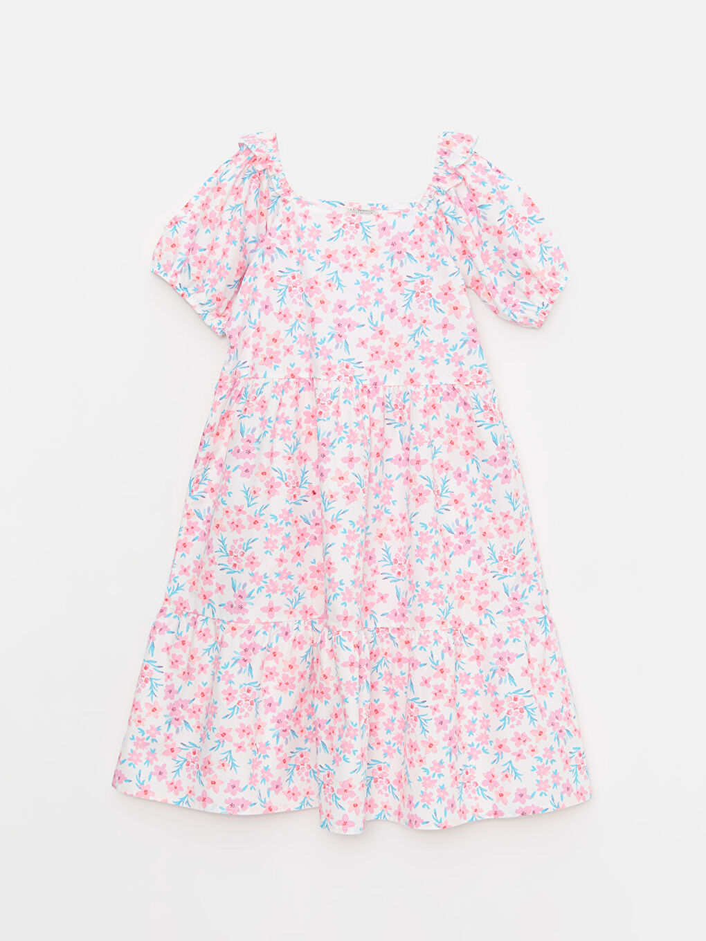 Ekru Kare Yaka Desenli Kısa Kollu Kız Çocuk Elbise