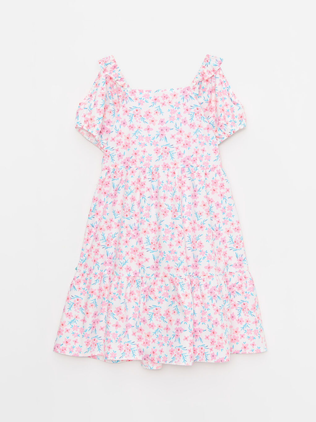 Ekru Kare Yaka Desenli Kısa Kollu Kız Çocuk Elbise-1