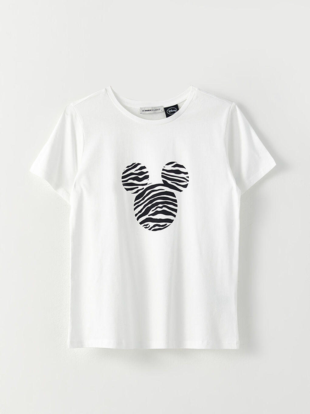 Ekru Bisiklet Yaka Mickey Mouse Baskılı Kısa Kollu Pamuklu Kadın Tişört-4