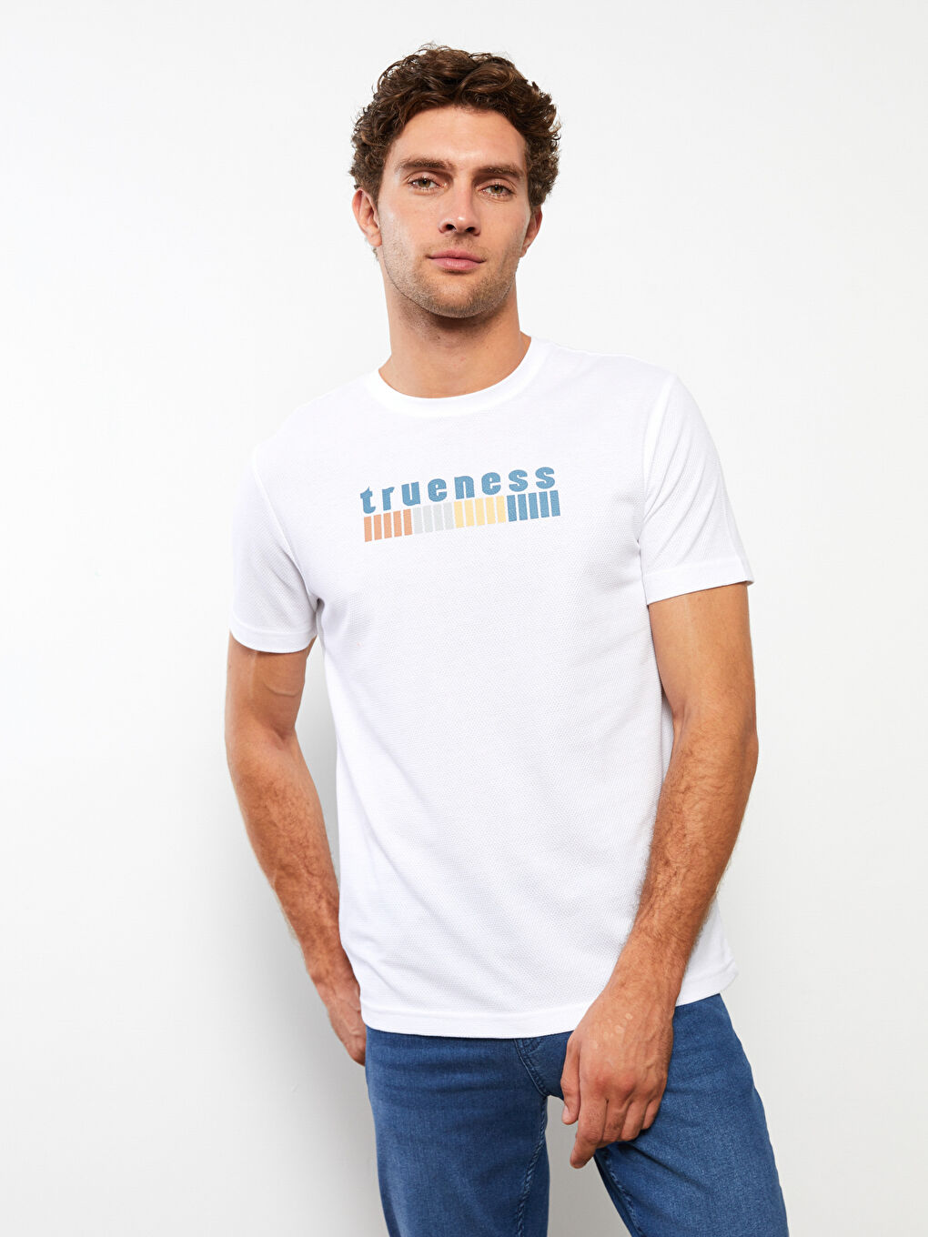 Ekru Bisiklet Yaka Kısa Kollu Baskılı Erkek Tişört-3