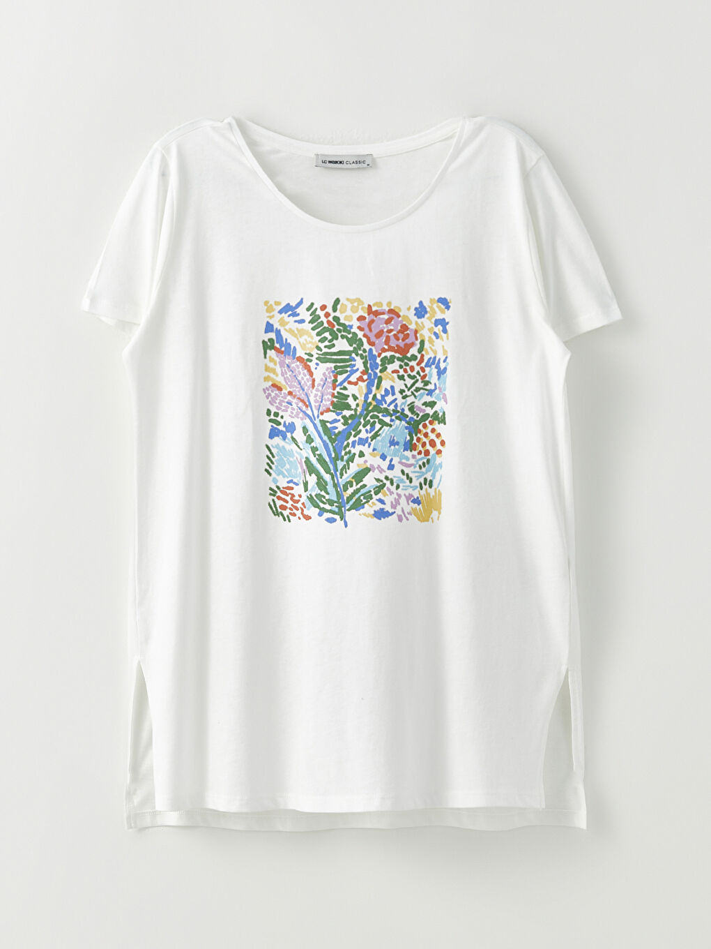 Ekru Bisiklet Yaka Baskılı Kısa Kollu Pamuklu Kadın Tişört-5