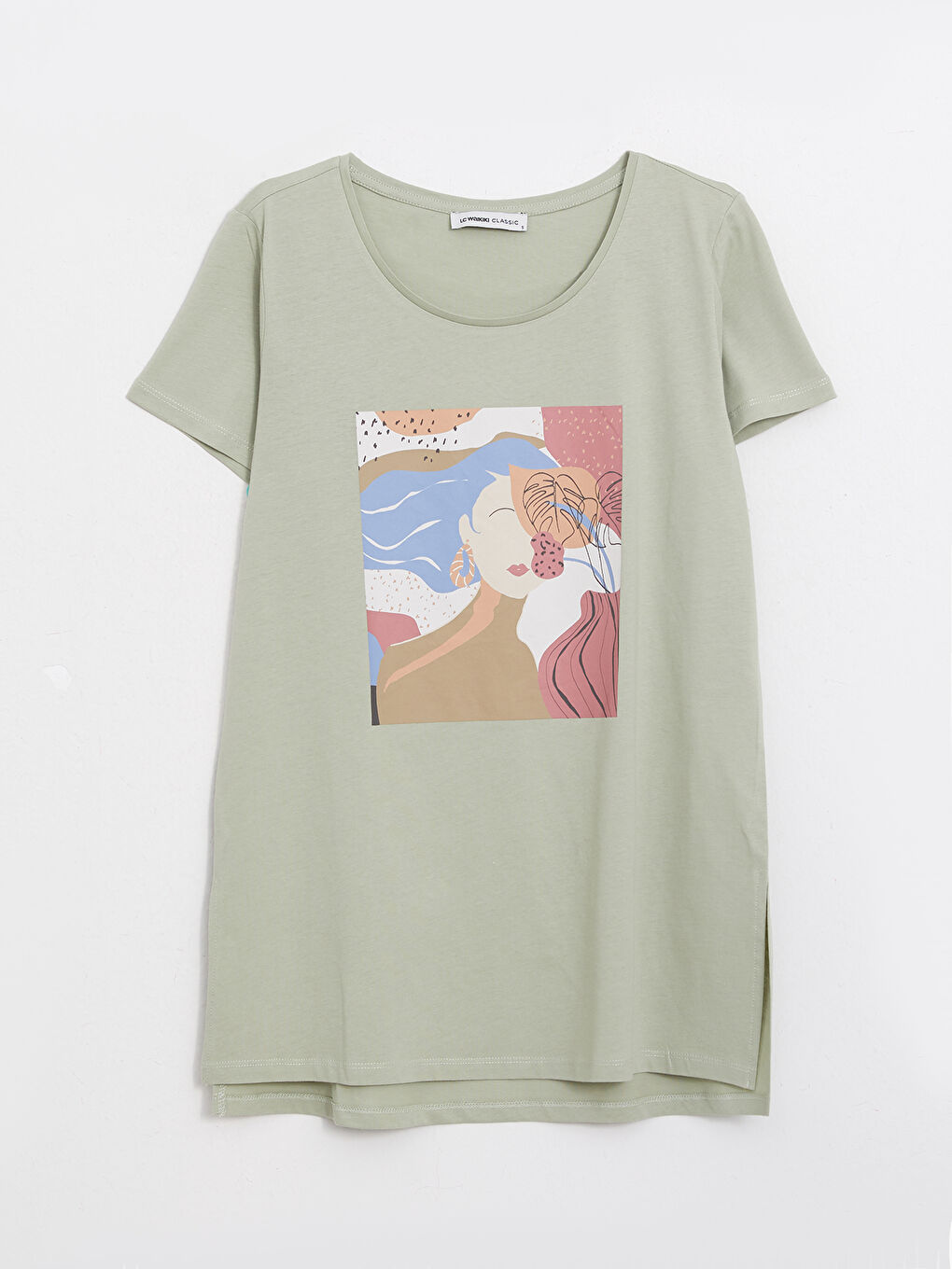 Yeşil Bisiklet Yaka Baskılı Kısa Kollu Pamuklu Kadın Tişört-5