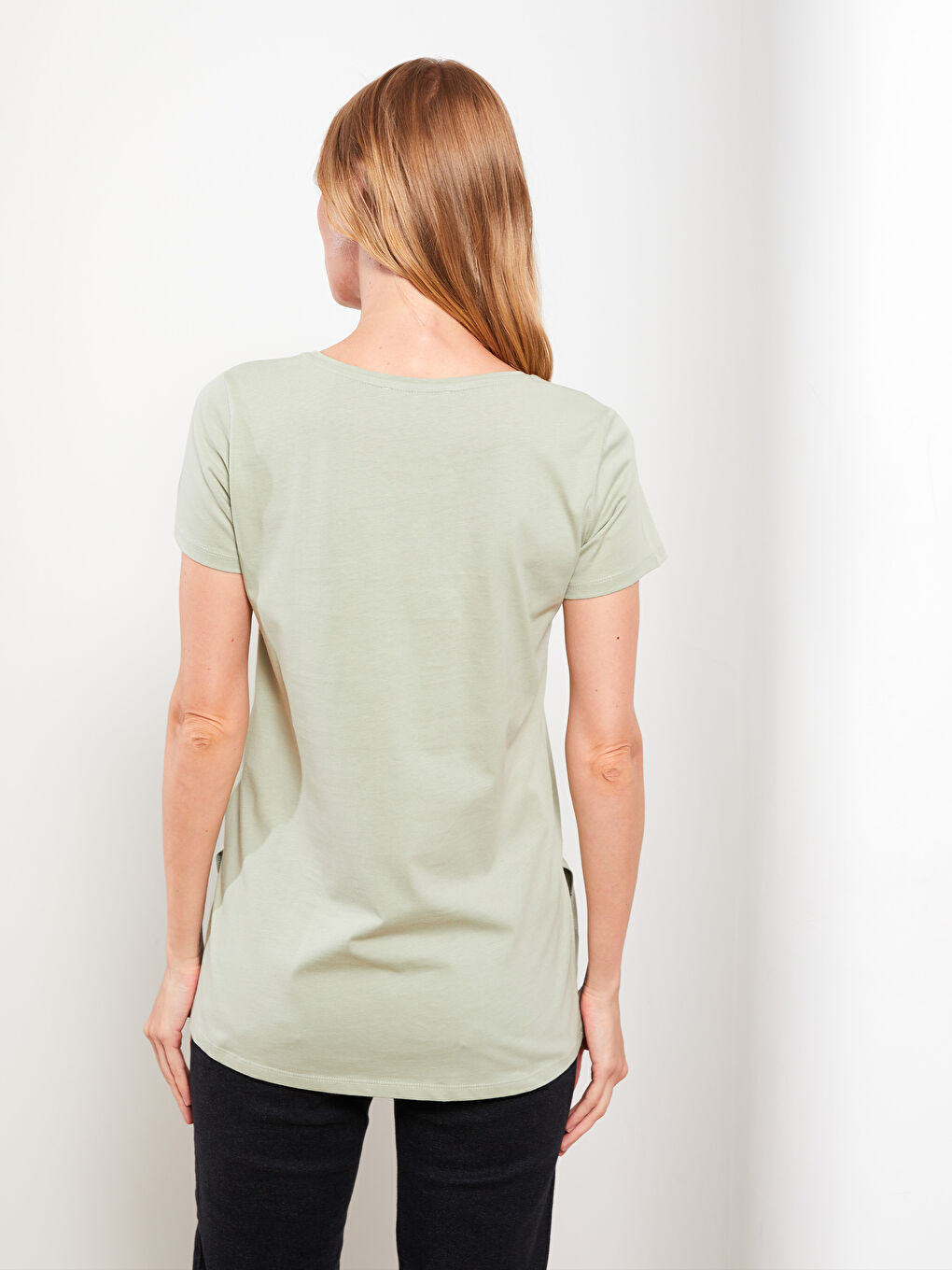 Yeşil Bisiklet Yaka Baskılı Kısa Kollu Pamuklu Kadın Tişört-4