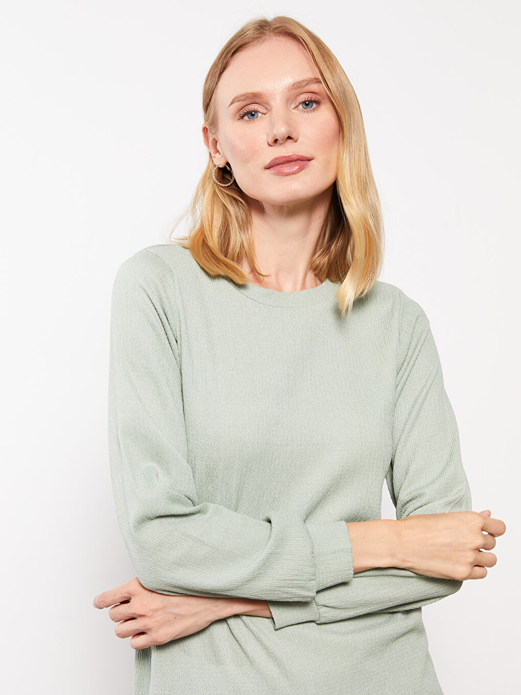 Yeşil Bisiklet Yaka Düz Uzun Kollu Kadın Tunik-2