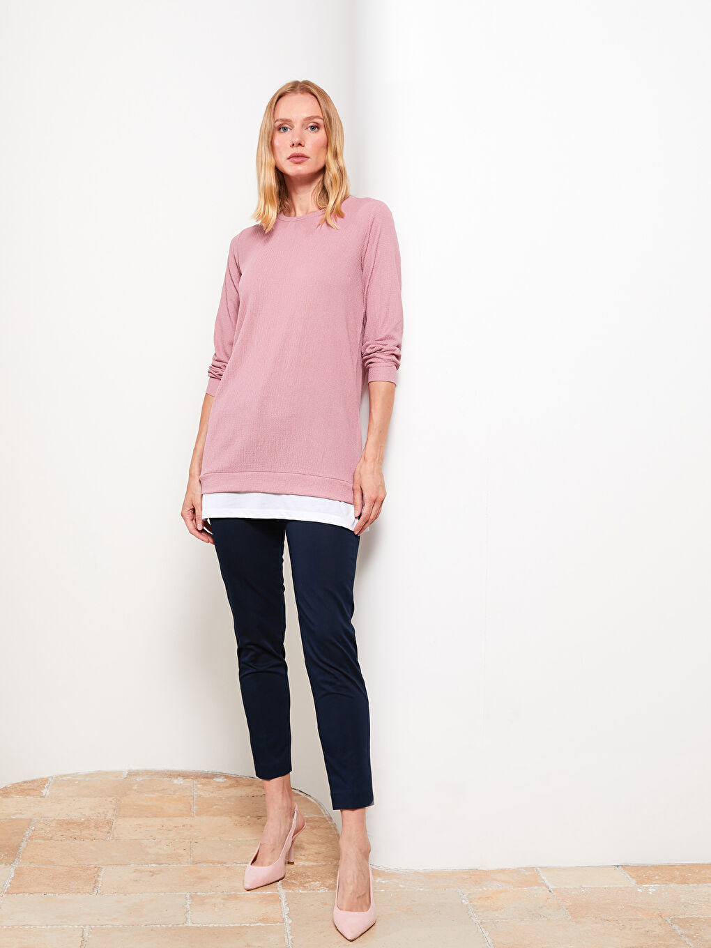 Pembe Bisiklet Yaka Düz Uzun Kollu Kadın Tunik-1