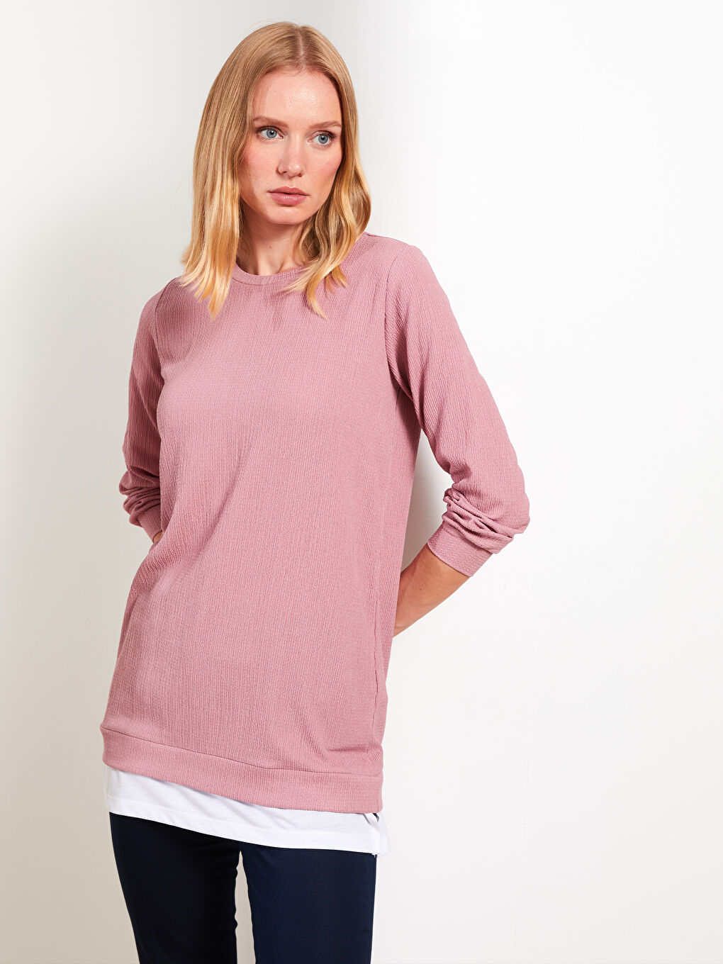 Pembe Bisiklet Yaka Düz Uzun Kollu Kadın Tunik-2