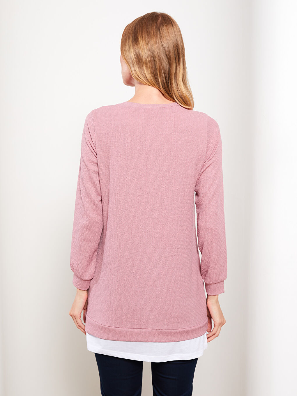 Pembe Bisiklet Yaka Düz Uzun Kollu Kadın Tunik-4