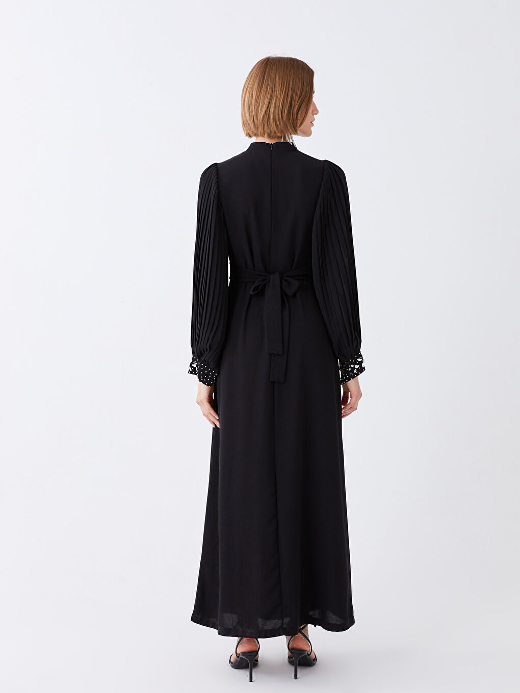 Siyah Dik Yaka Parlak Taşlı Uzun Kollu Kadın Abiye Elbise-5