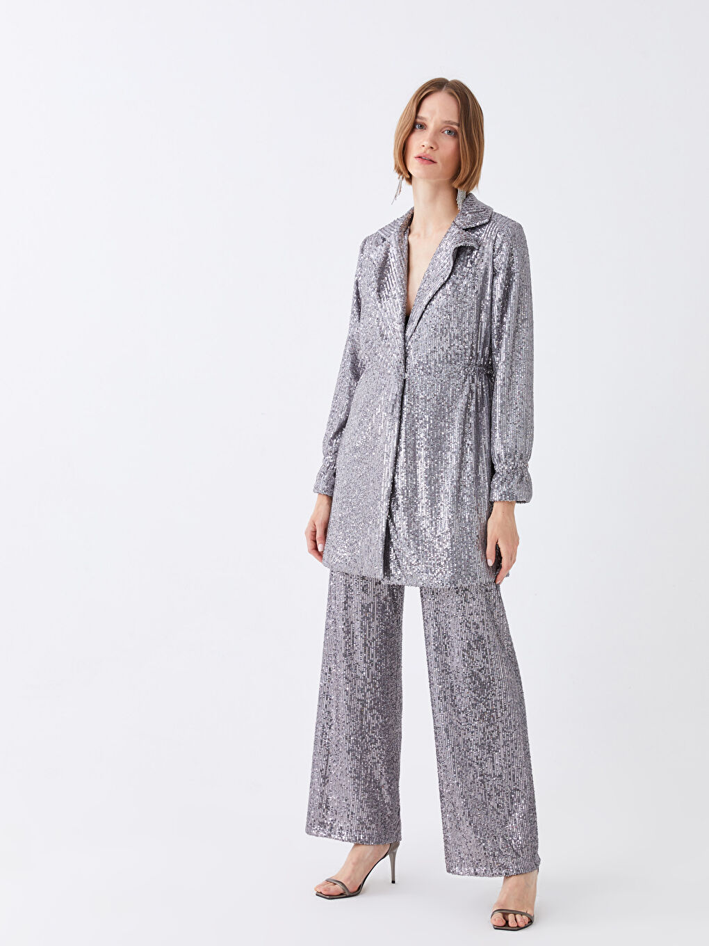 Gri Standart Fit Düz Parlak Görünümlü Kadın Abiye Pantolon