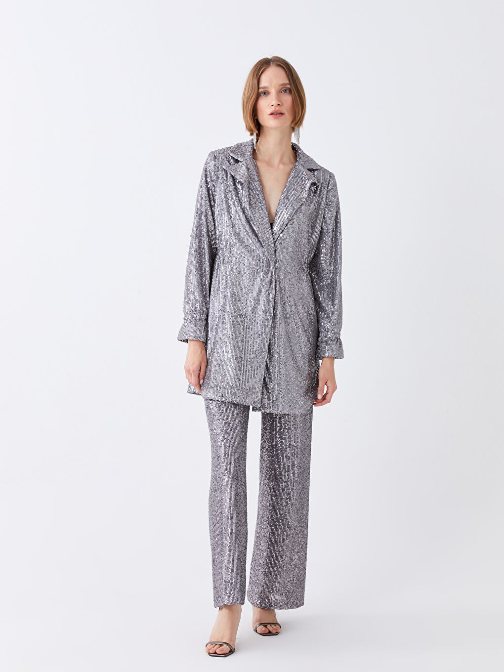 Gri Standart Fit Düz Parlak Görünümlü Kadın Abiye Pantolon-1