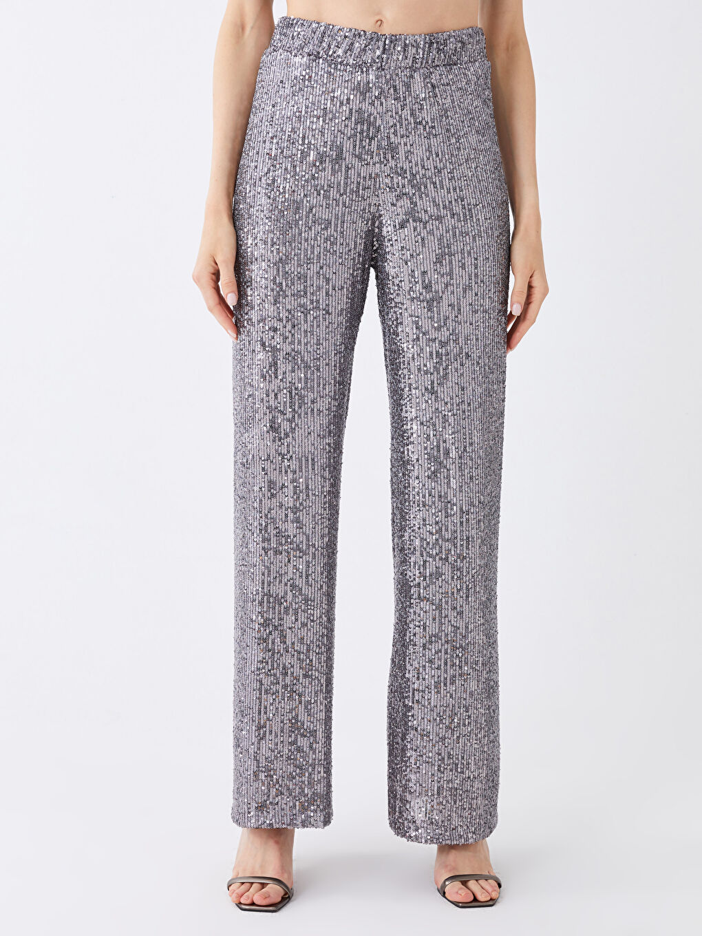 Gri Standart Fit Düz Parlak Görünümlü Kadın Abiye Pantolon-2