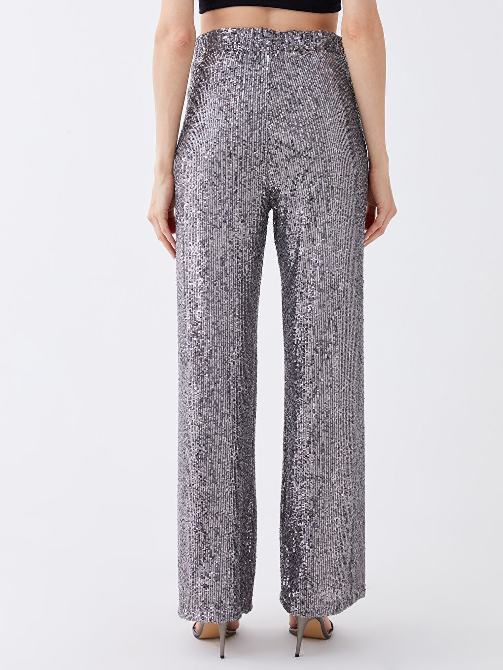 Gri Standart Fit Düz Parlak Görünümlü Kadın Abiye Pantolon-4