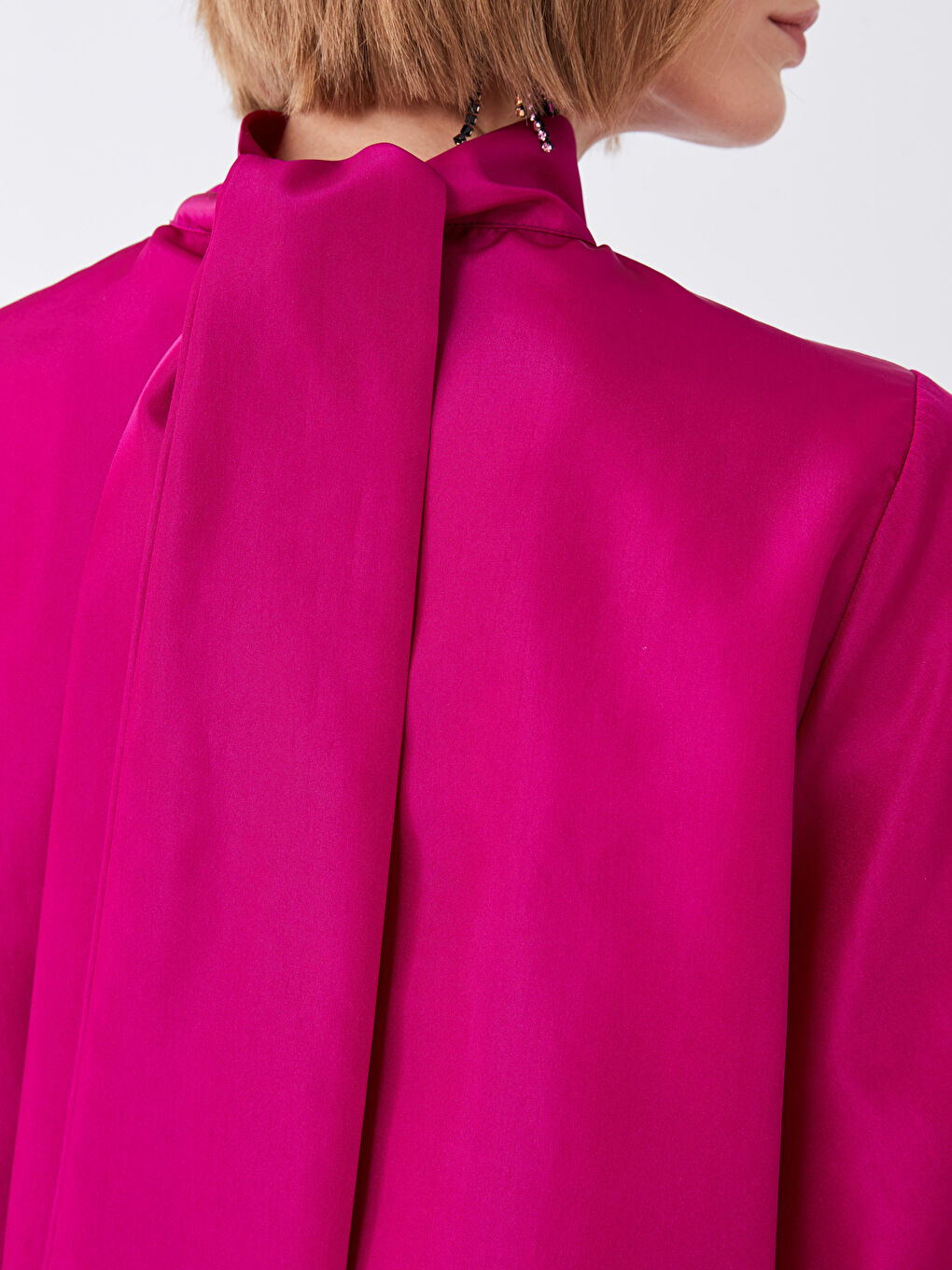 Fuşya Dik Yaka Düz Balon Kollu Kadın Abiye Bluz-5